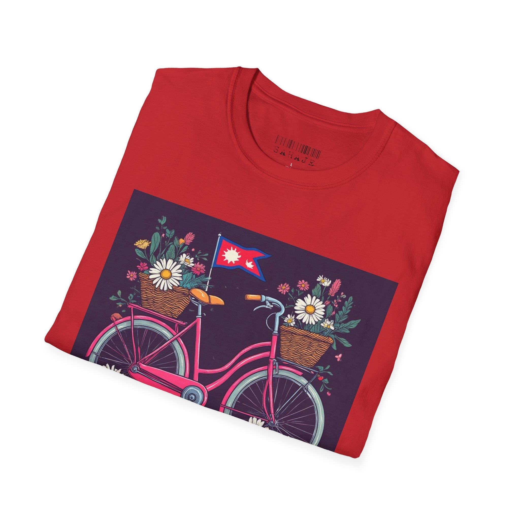 Bicycle Floral T-Shirt – Pink Bike with Baskets & "Sahaje" Text