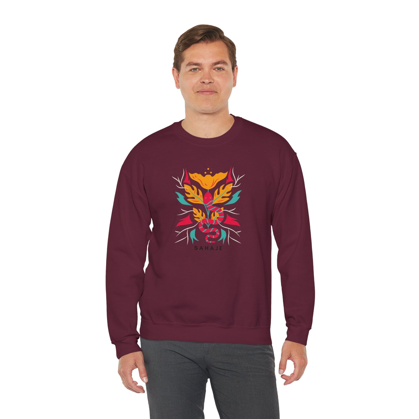 Sahajé Floral Snake Crewneck Sweatshirt — Colorful Botanical Serpent Graphic