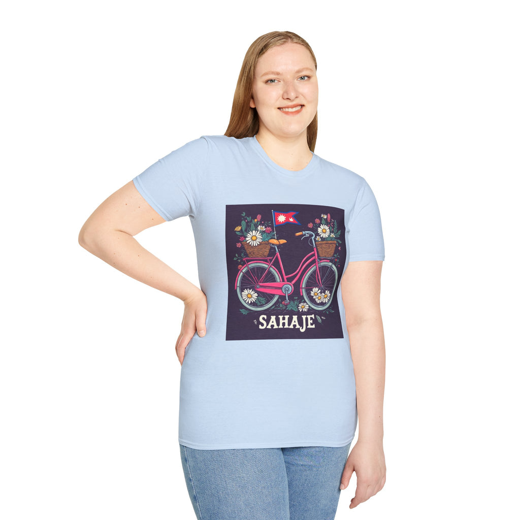 Bicycle Floral T-Shirt – Pink Bike with Baskets & "Sahaje" Text