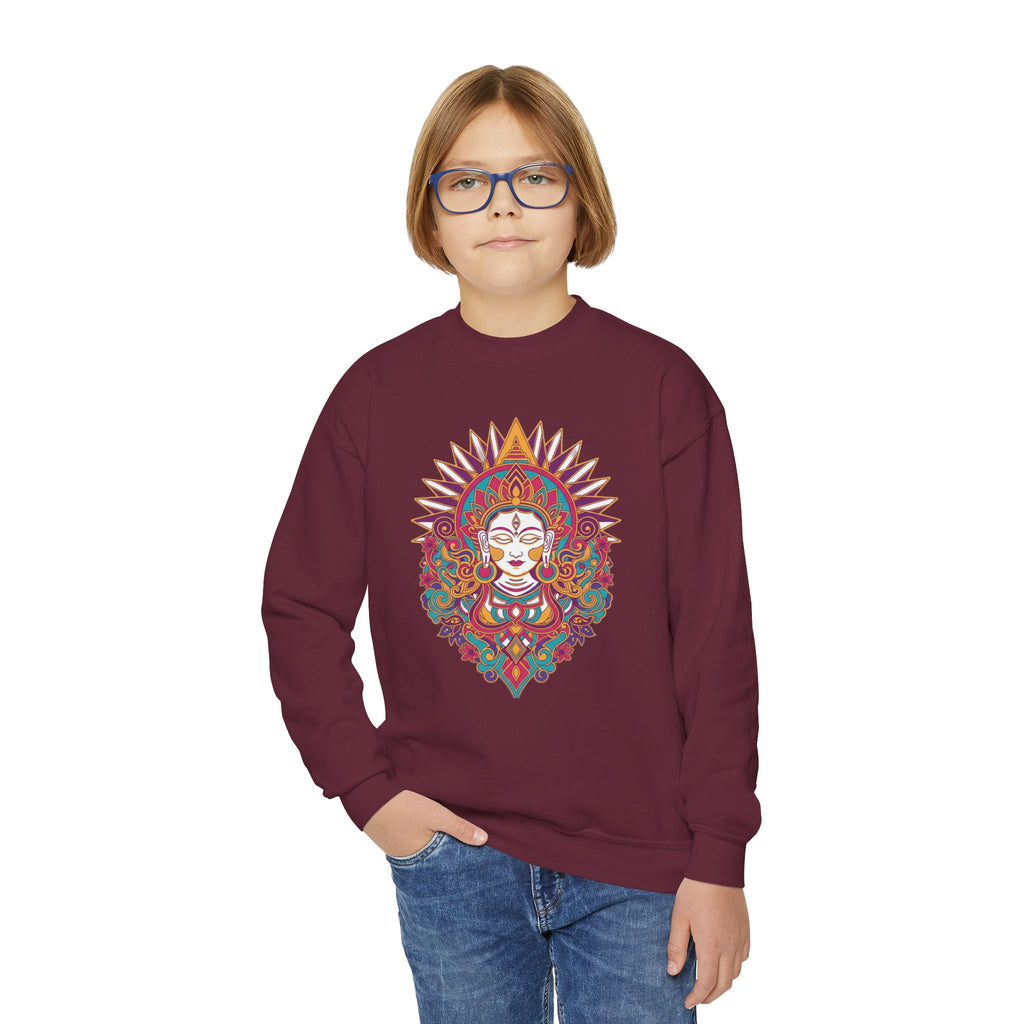 Youth Crewneck Sweatshirt — Colorful Boho Sun Goddess Graphic