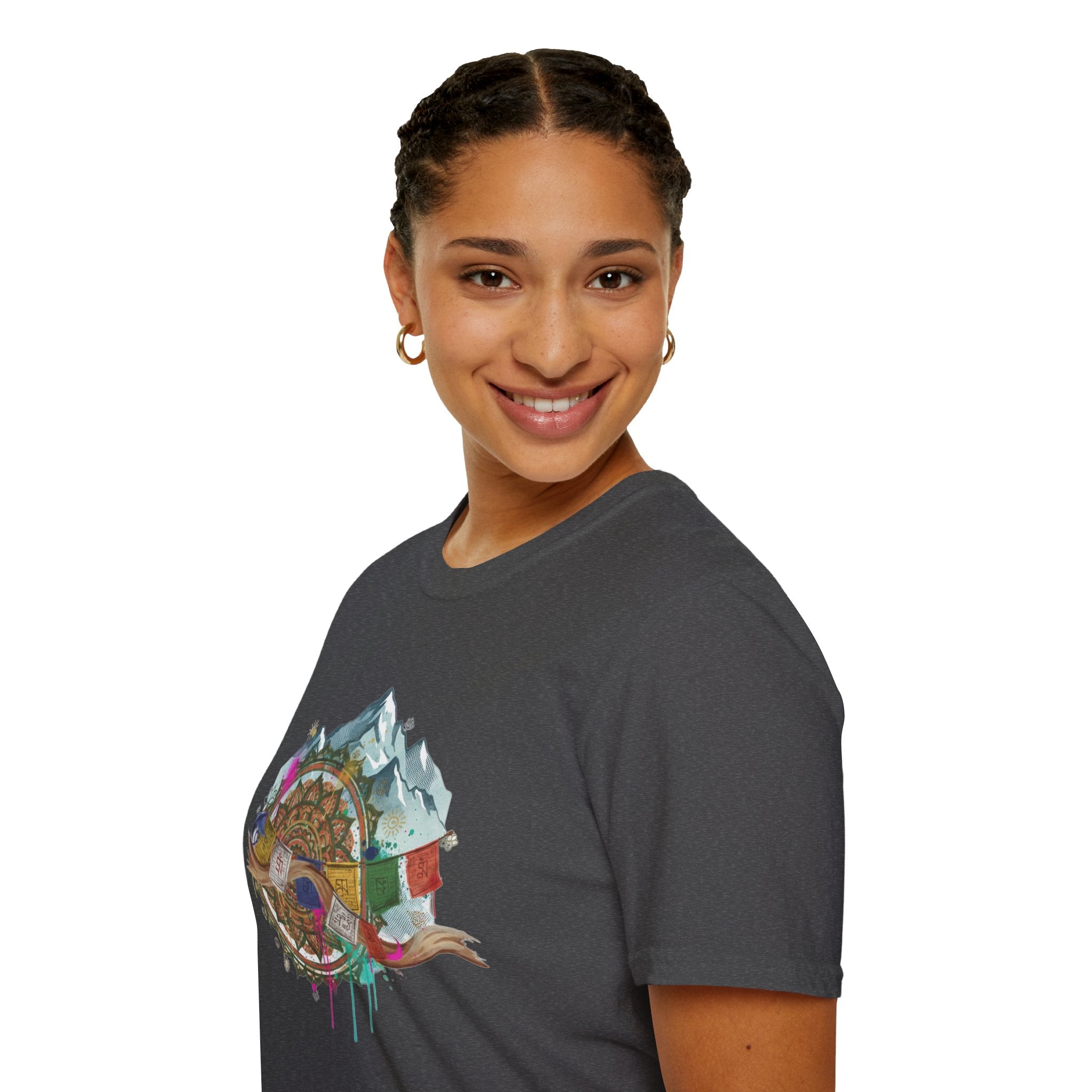 Adventure Compass T-Shirt — Mountain Compass with Prayer Flags & Colorful Globe