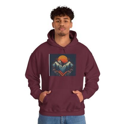 Mountain Sunset Hoodie – Retro Geometric Peaks & Rising Sun Sweatshirt
