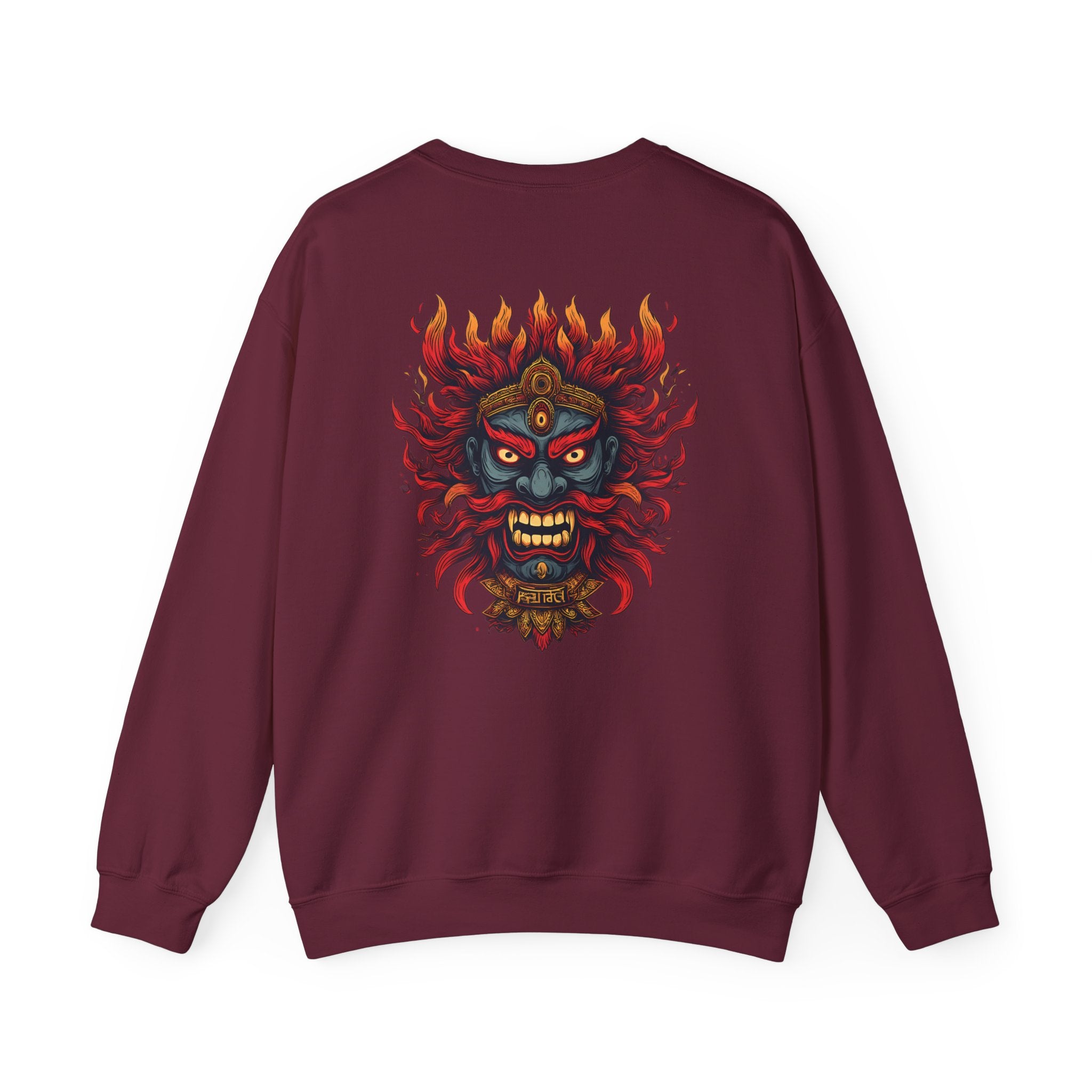 Crewneck Sweatshirt — Fiery Demon Mask Back Graphic