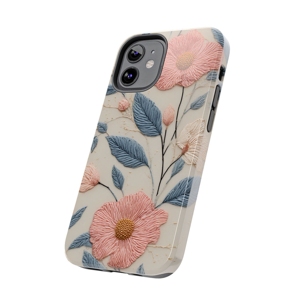 Floral Embroidered Tough Phone Case — Pink Blossom Protective Phone Cover