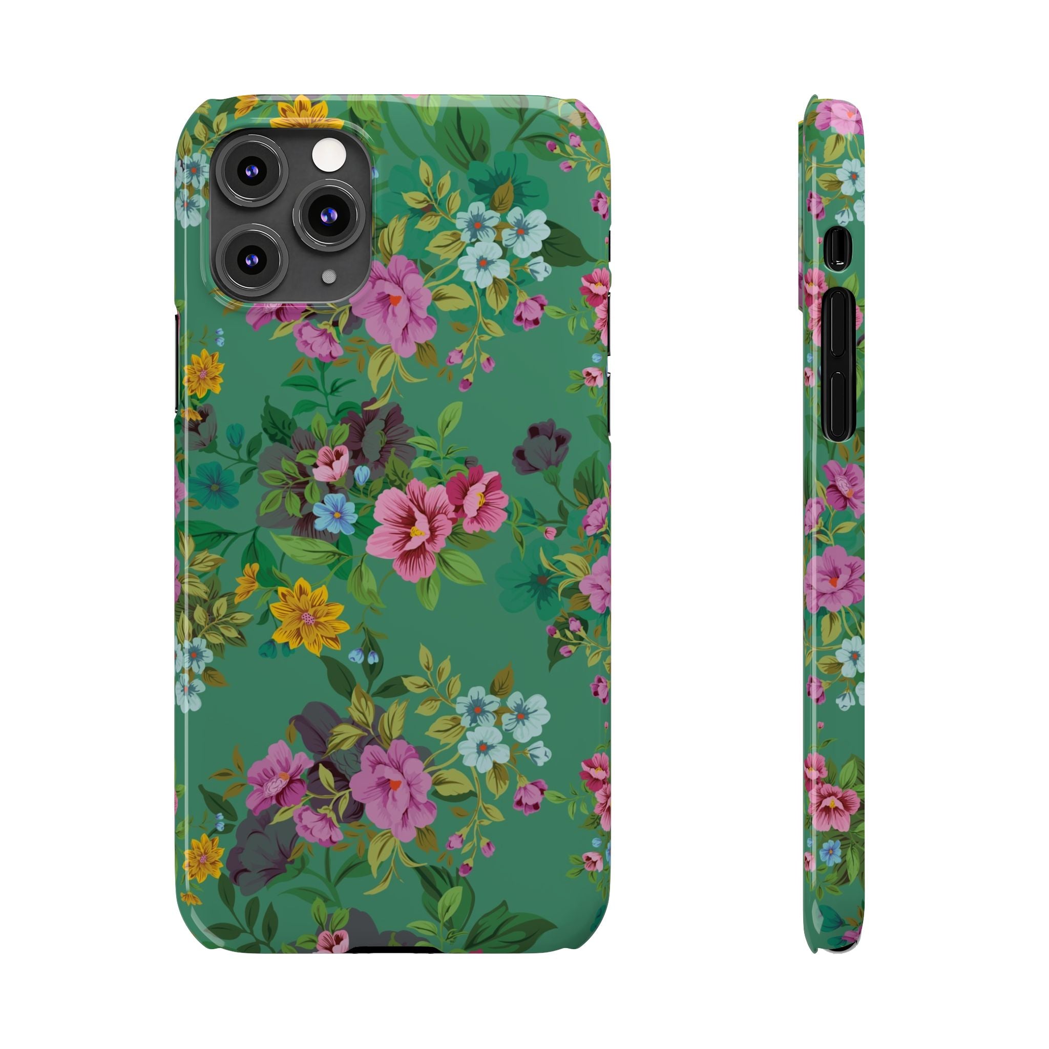 Floral Vintage Green Slim Phone Case — Pink & Yellow Garden Print