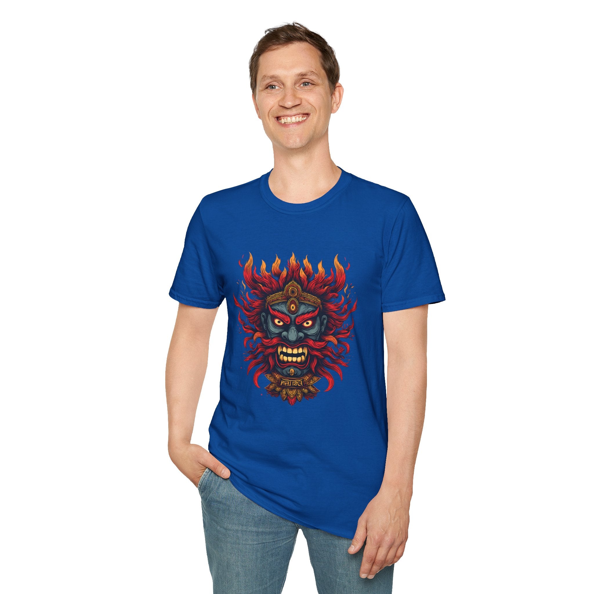 Flaming Demon Mask T-Shirt — Fierce Tattoo-Style Graphic Tee