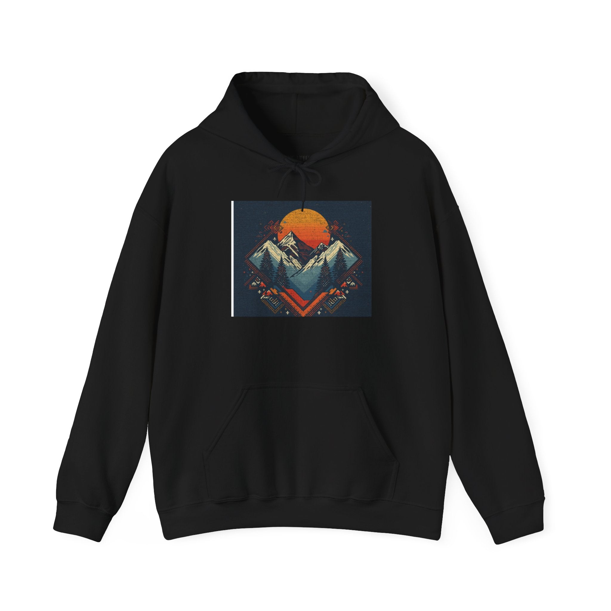 Mountain Sunset Hoodie – Retro Geometric Peaks & Rising Sun Sweatshirt