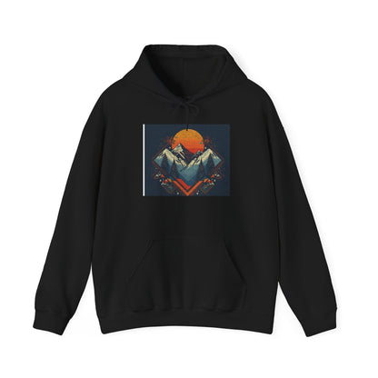 Mountain Sunset Hoodie – Retro Geometric Peaks & Rising Sun Sweatshirt