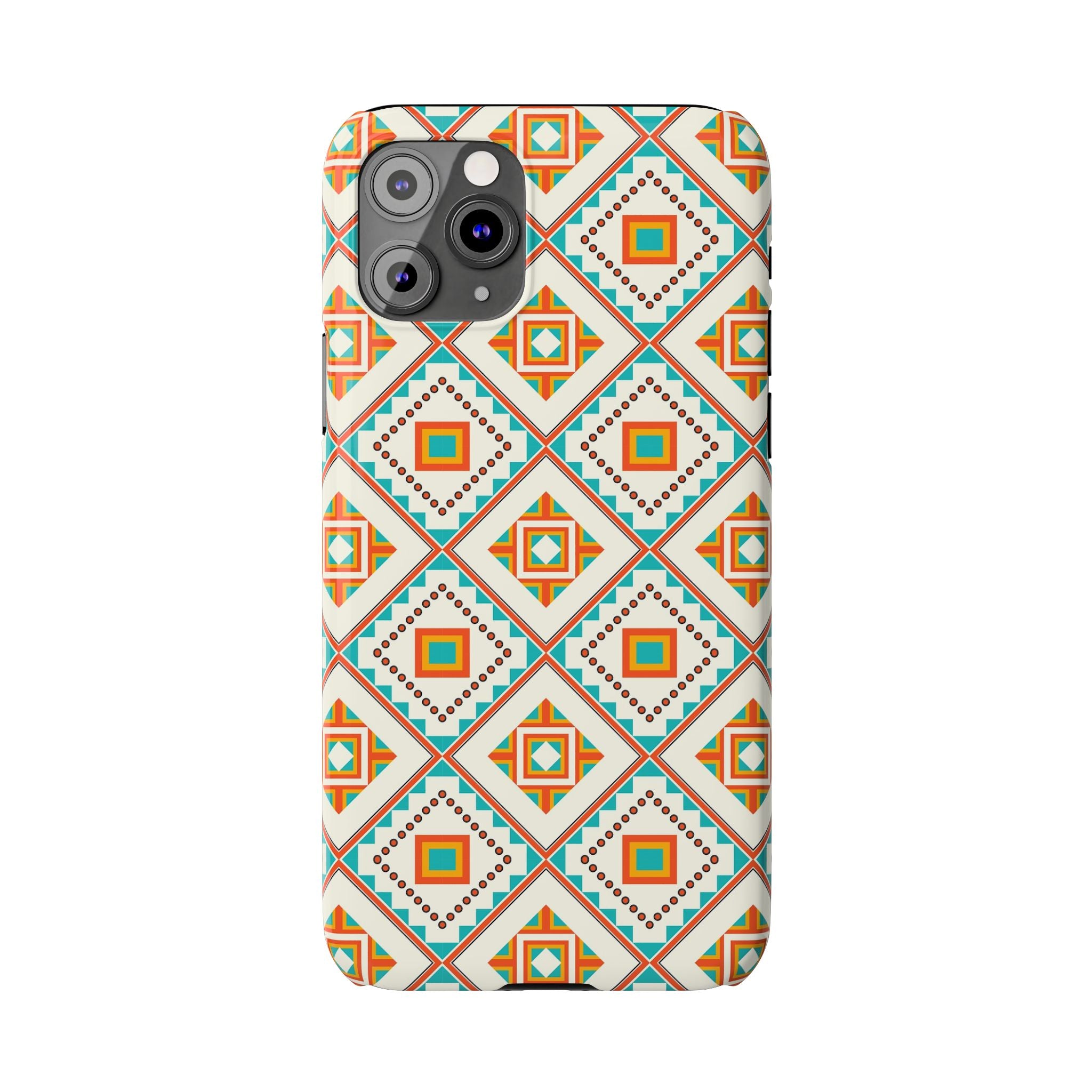Slim Phone Case — Retro Geometric Tile Pattern (Turquoise & Orange)