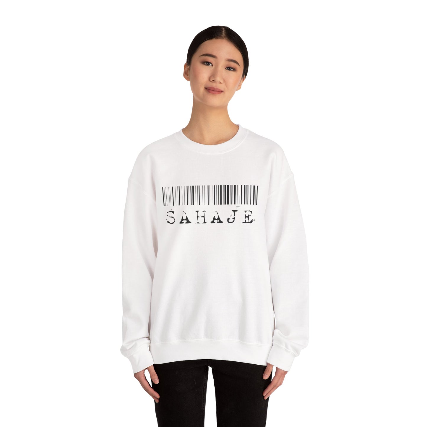 Sahaje Barcode Crewneck Sweatshirt — Minimalist White Graphic Pullover