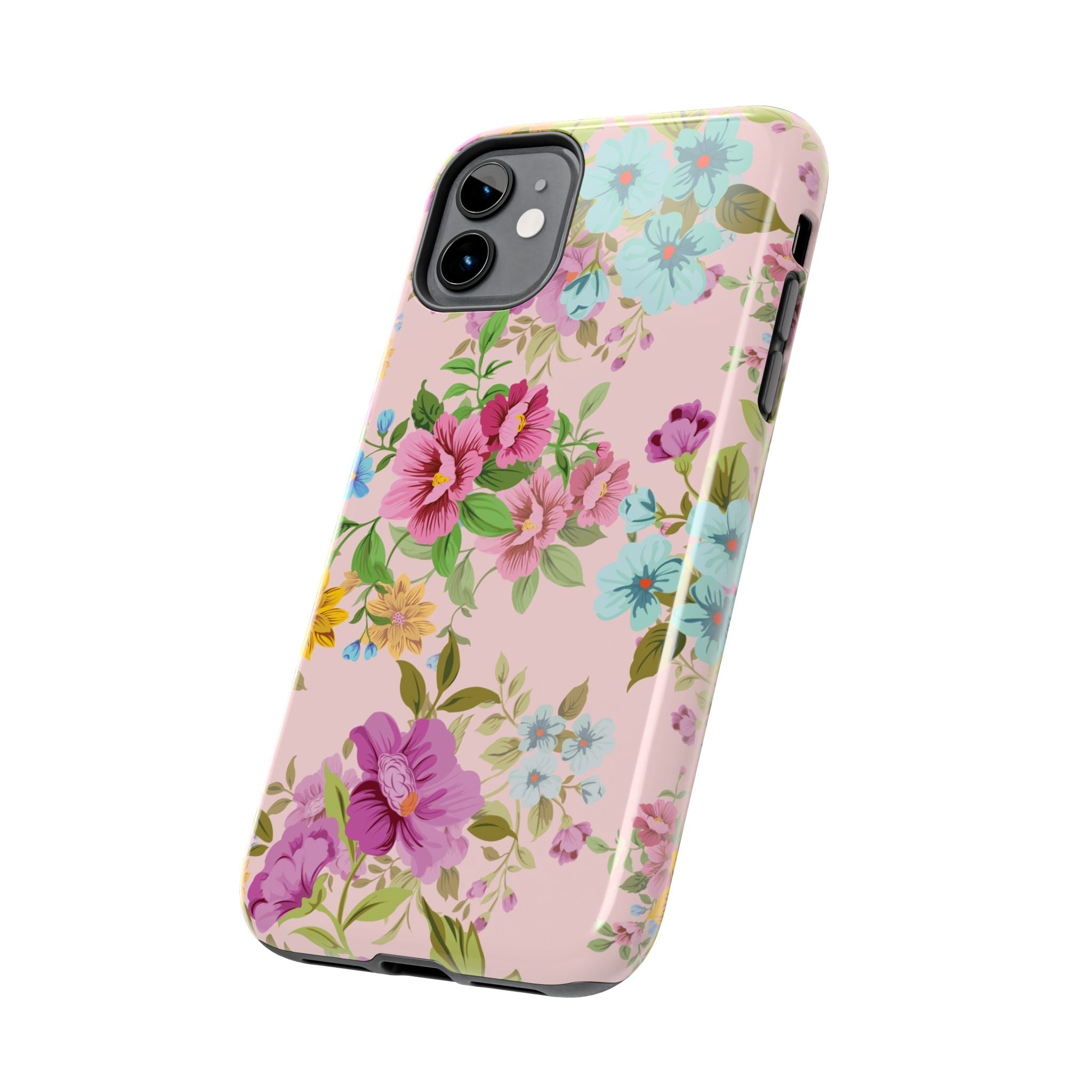 Floral Vintage Tough Phone Case — Pink Rose & Blue Blossom Protective Cover