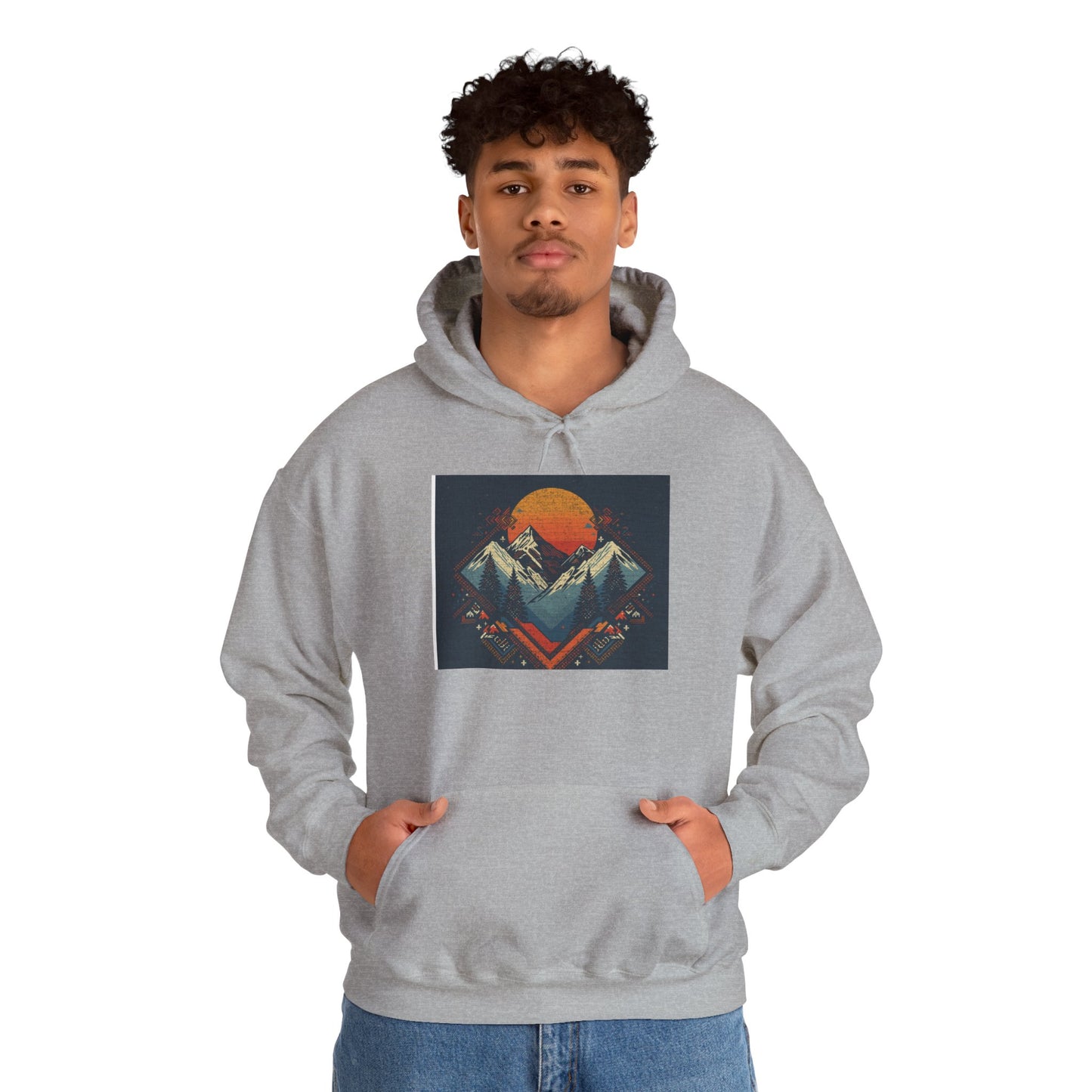 Mountain Sunset Hoodie – Retro Geometric Peaks & Rising Sun Sweatshirt