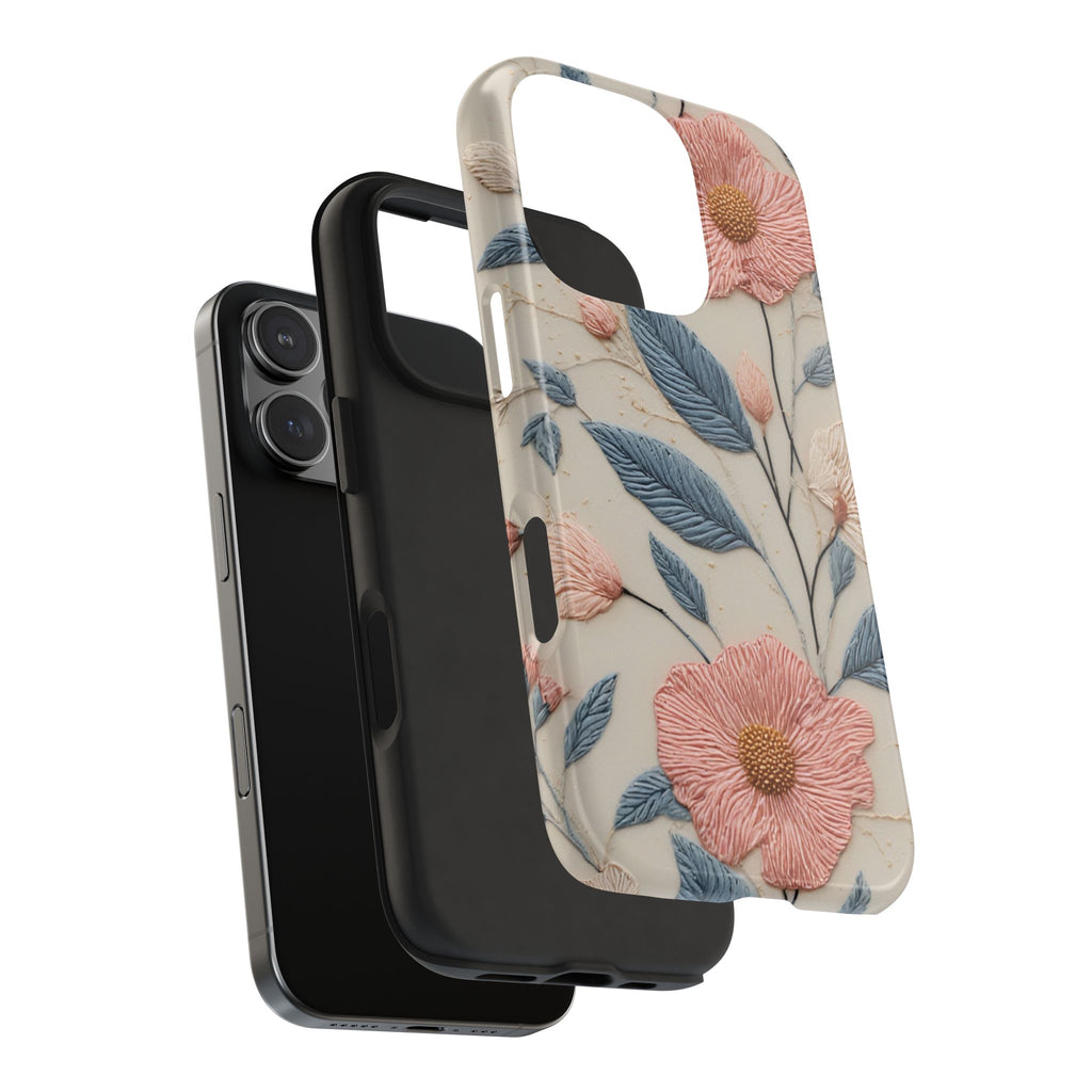 Floral Embroidered Tough Phone Case — Pink Blossom Protective Phone Cover