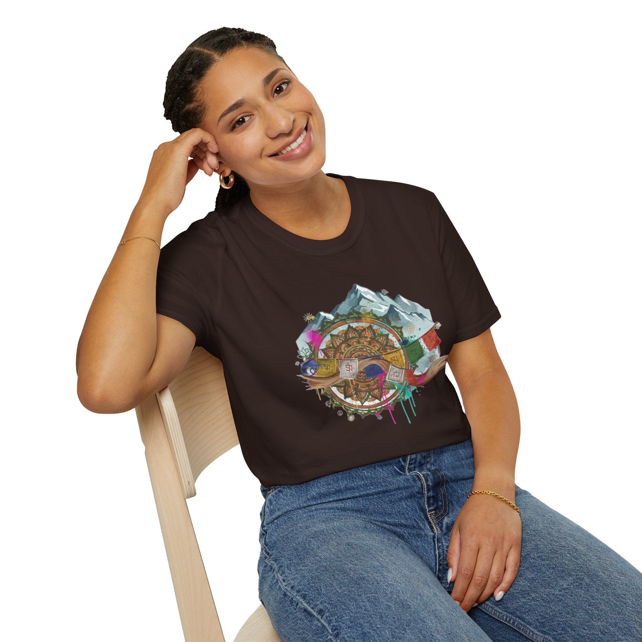 Adventure Compass T-Shirt — Mountain Compass with Prayer Flags & Colorful Globe