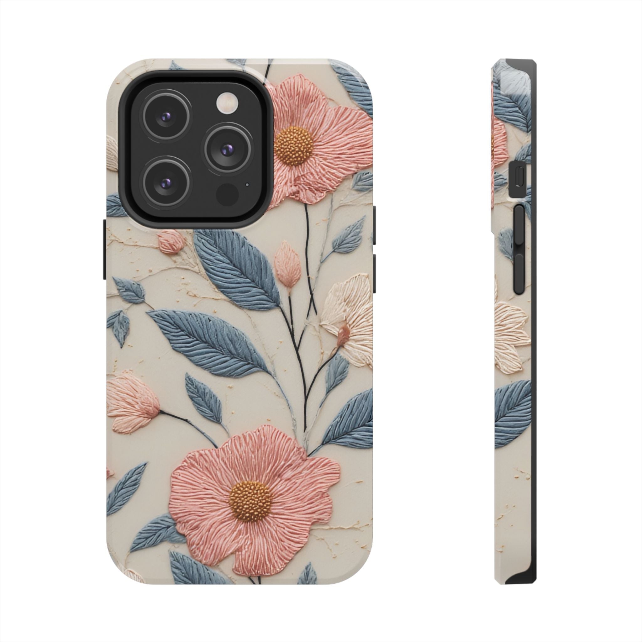 Floral Embroidered Tough Phone Case — Pink Blossom Protective Phone Cover