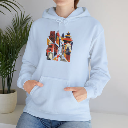 Cityscape Collage Hoodie — Colorful Urban Architecture Graphic Hoodie
