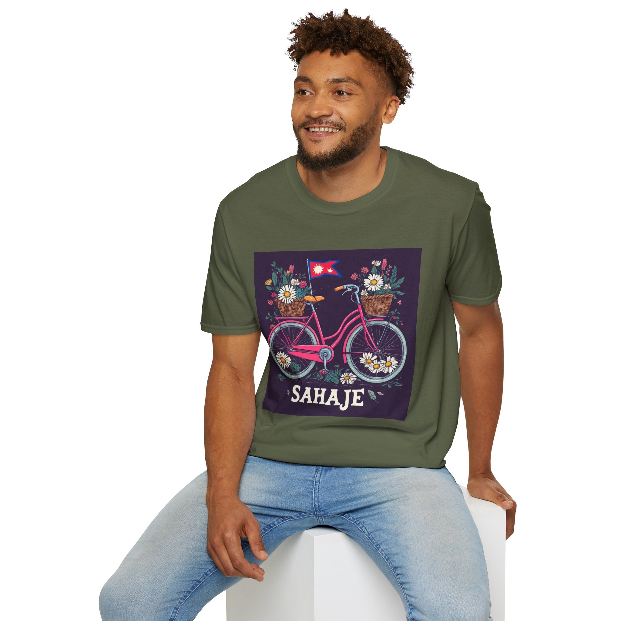 Bicycle Floral T-Shirt – Pink Bike with Baskets & "Sahaje" Text