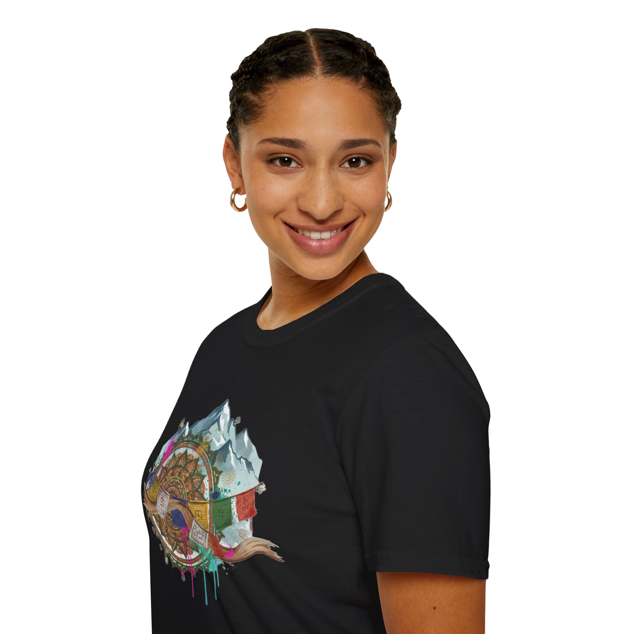 Adventure Compass T-Shirt — Mountain Compass with Prayer Flags & Colorful Globe