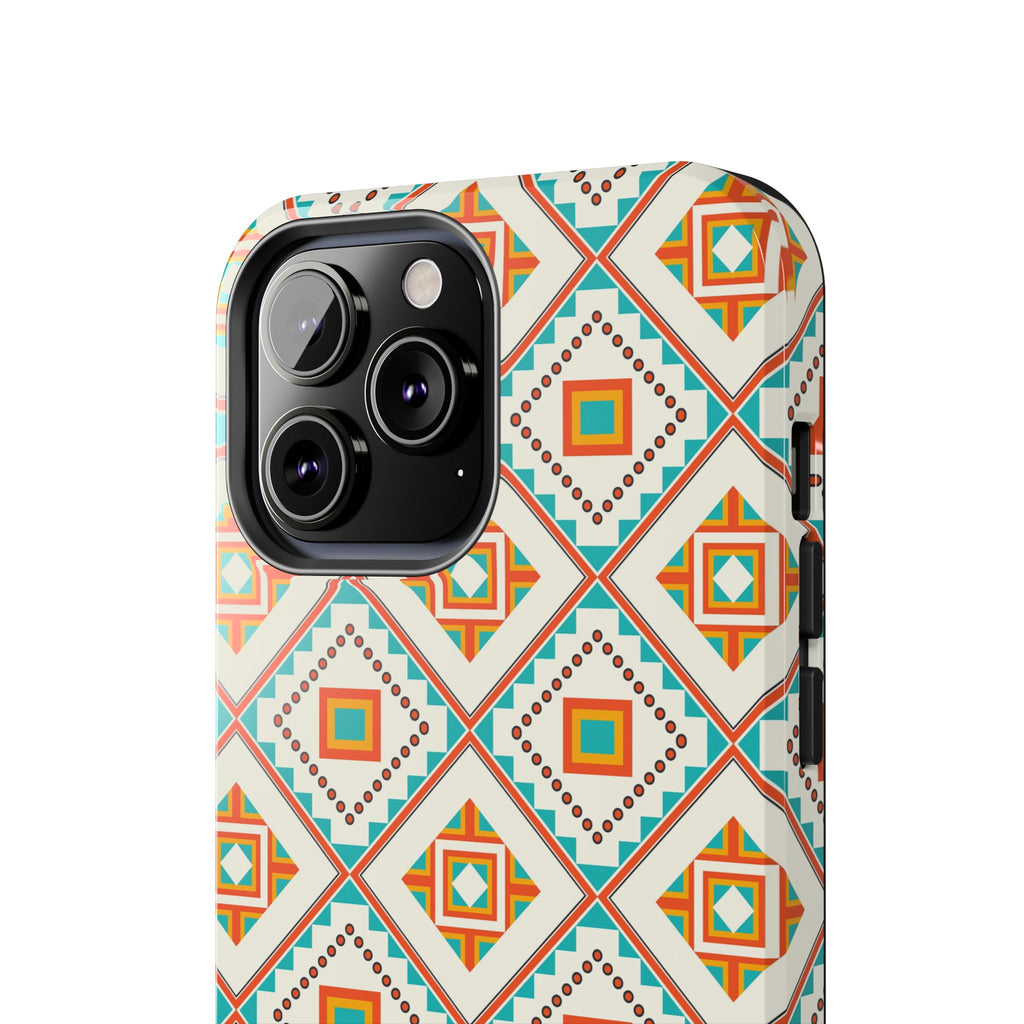 Tough Phone Case — Geometric Retro Tile Pattern, Orange & Teal Protective Cover