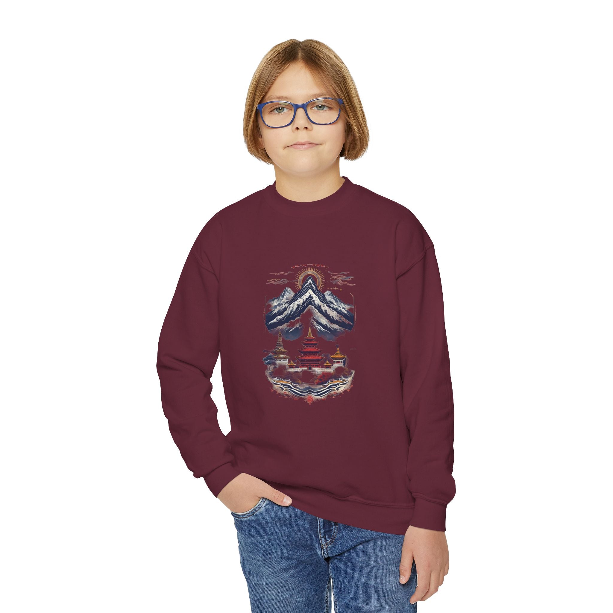 Youth Mountain Holiday Crewneck Sweatshirt — Cozy Winter Tree Graphic