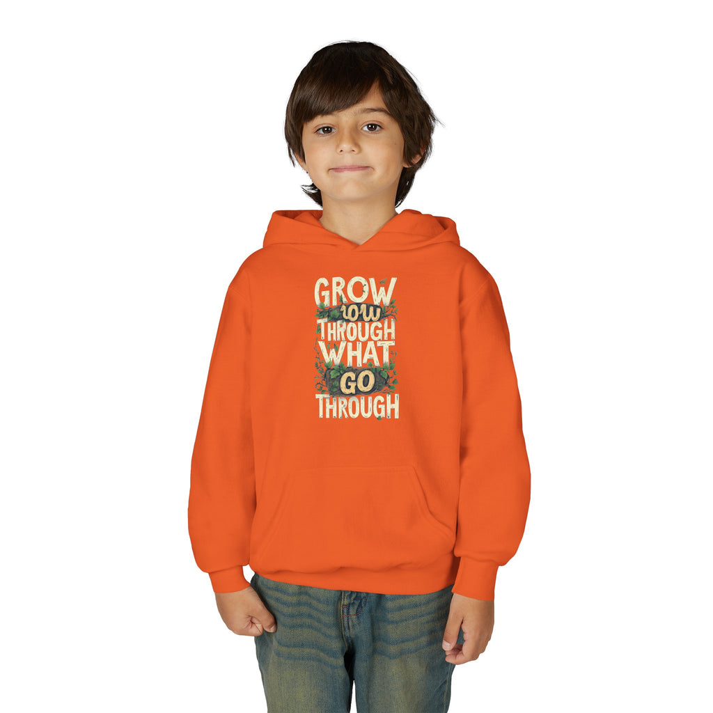 Youth Hoodie — 'Grow Slow, Go Through' Floral Motivational Hooded Sweatshirt