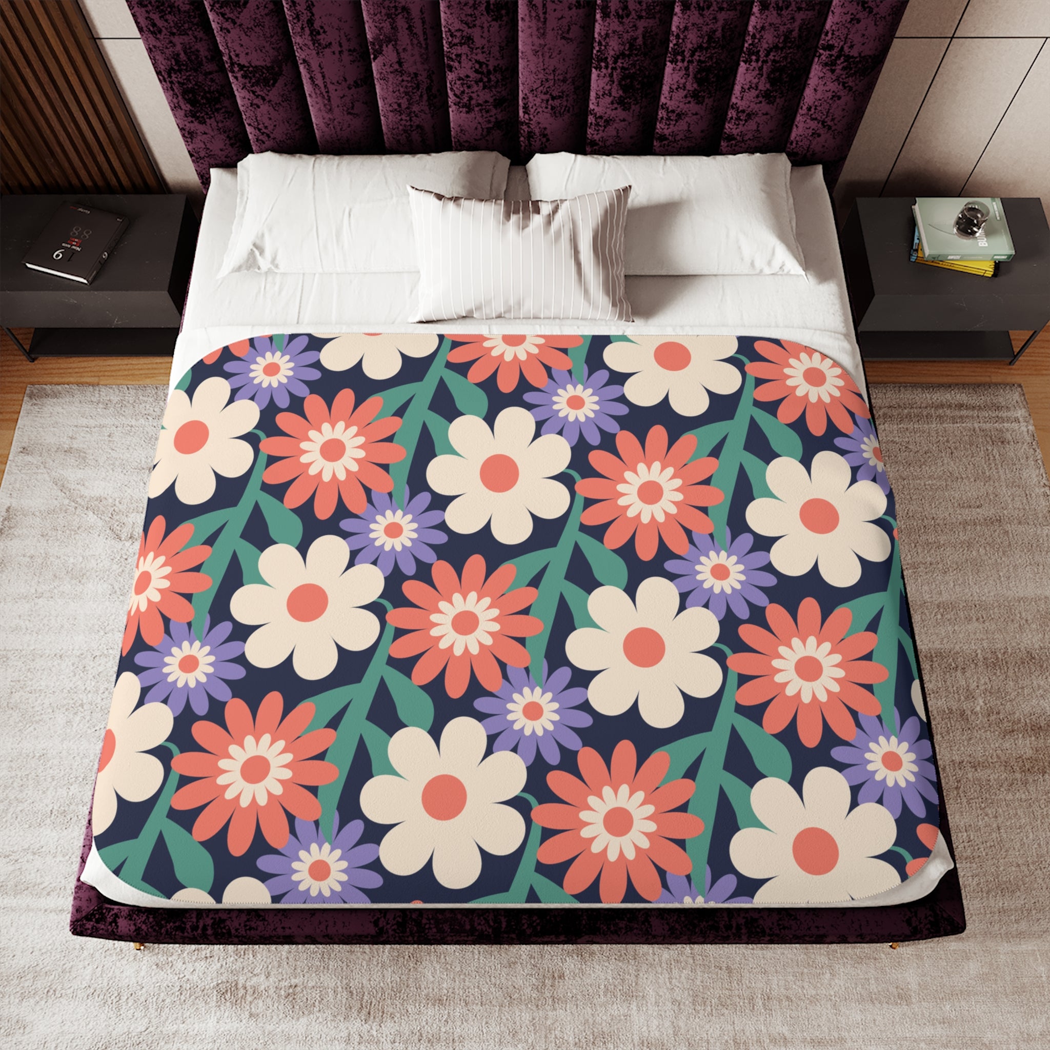 Floral Sherpa Blanket – Reversible Retro Flower Print with Cozy Beige Sherpa