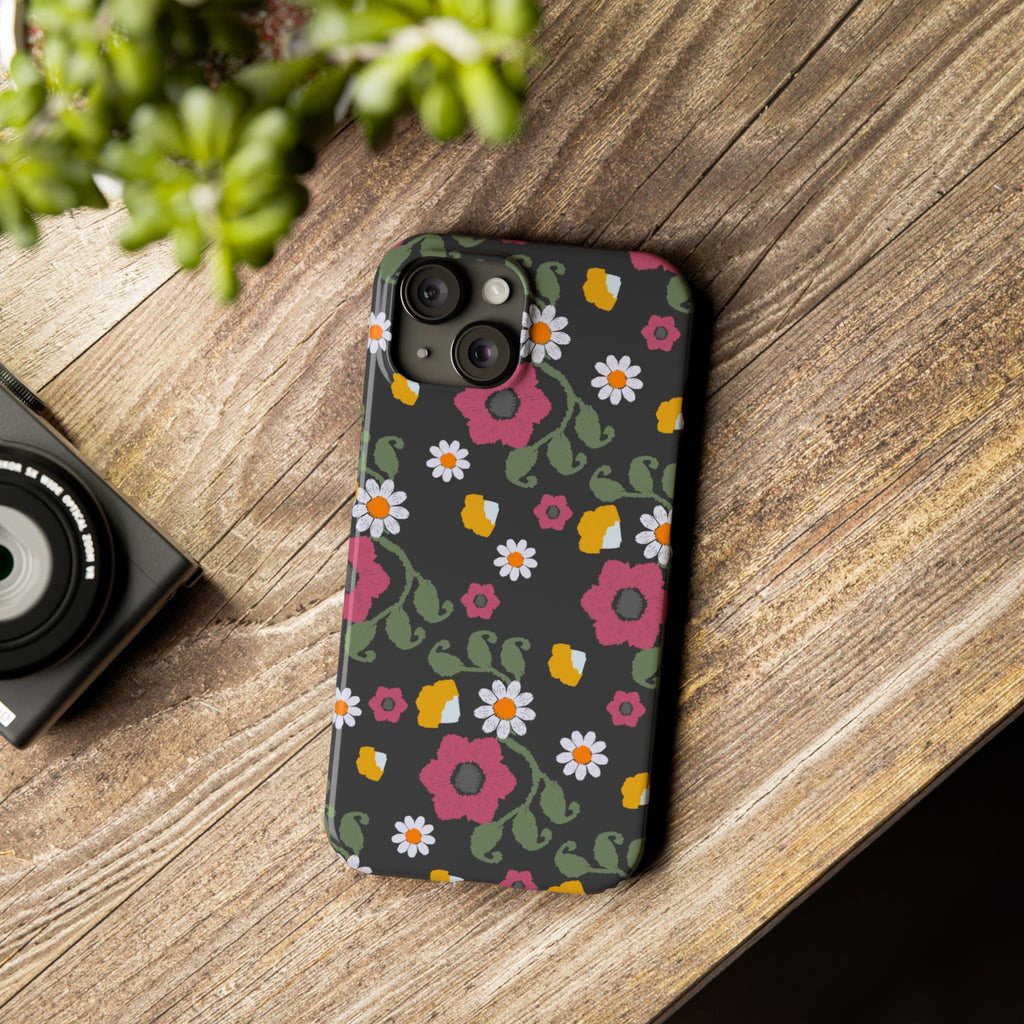 Floral Slim Phone Case, Black Flower Phone Cover, Stylish Phone Accessory, Gift for Her, Trendy Floral Case