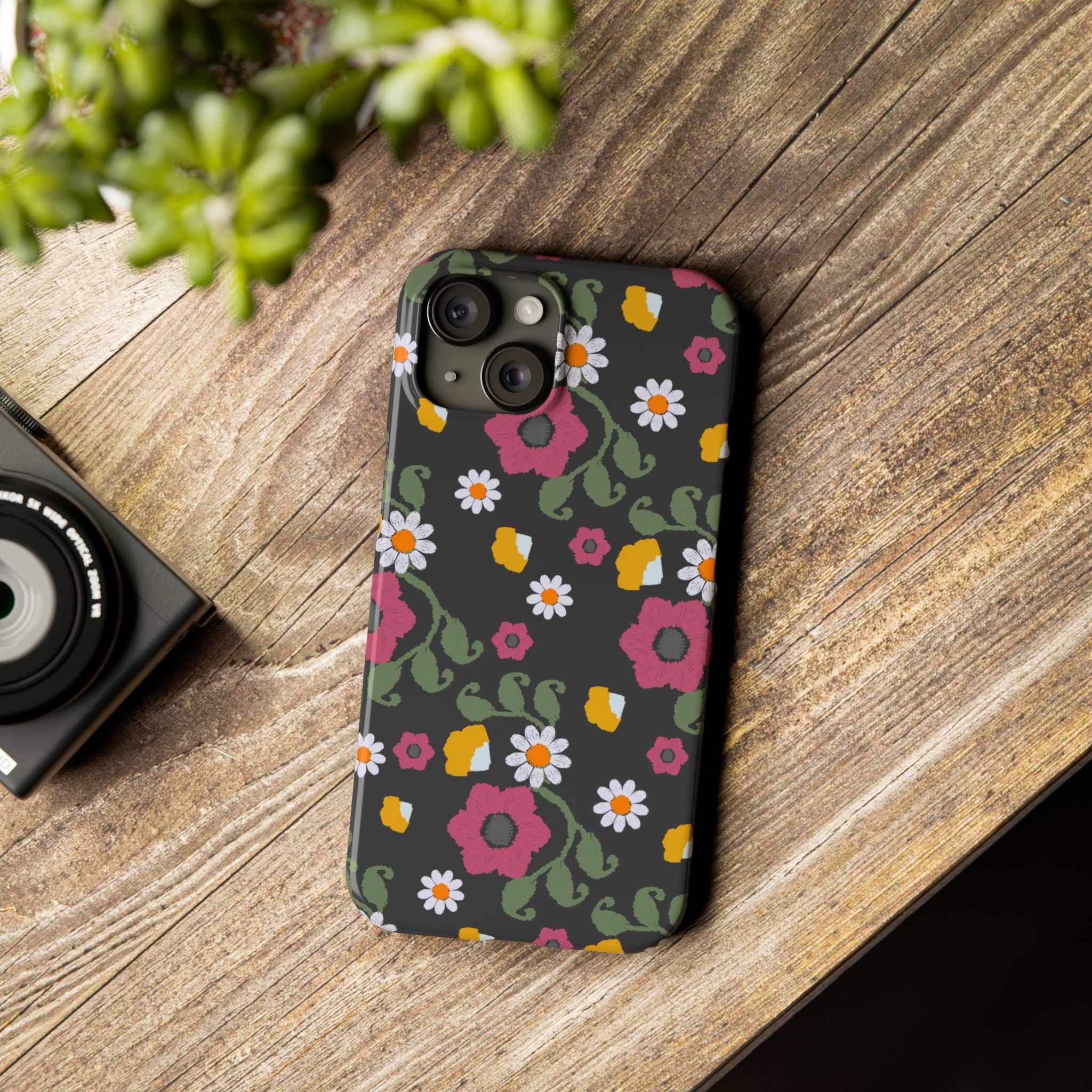 Floral Slim Phone Case, Black Flower Phone Cover, Stylish Phone Accessory, Gift for Her, Trendy Floral Case