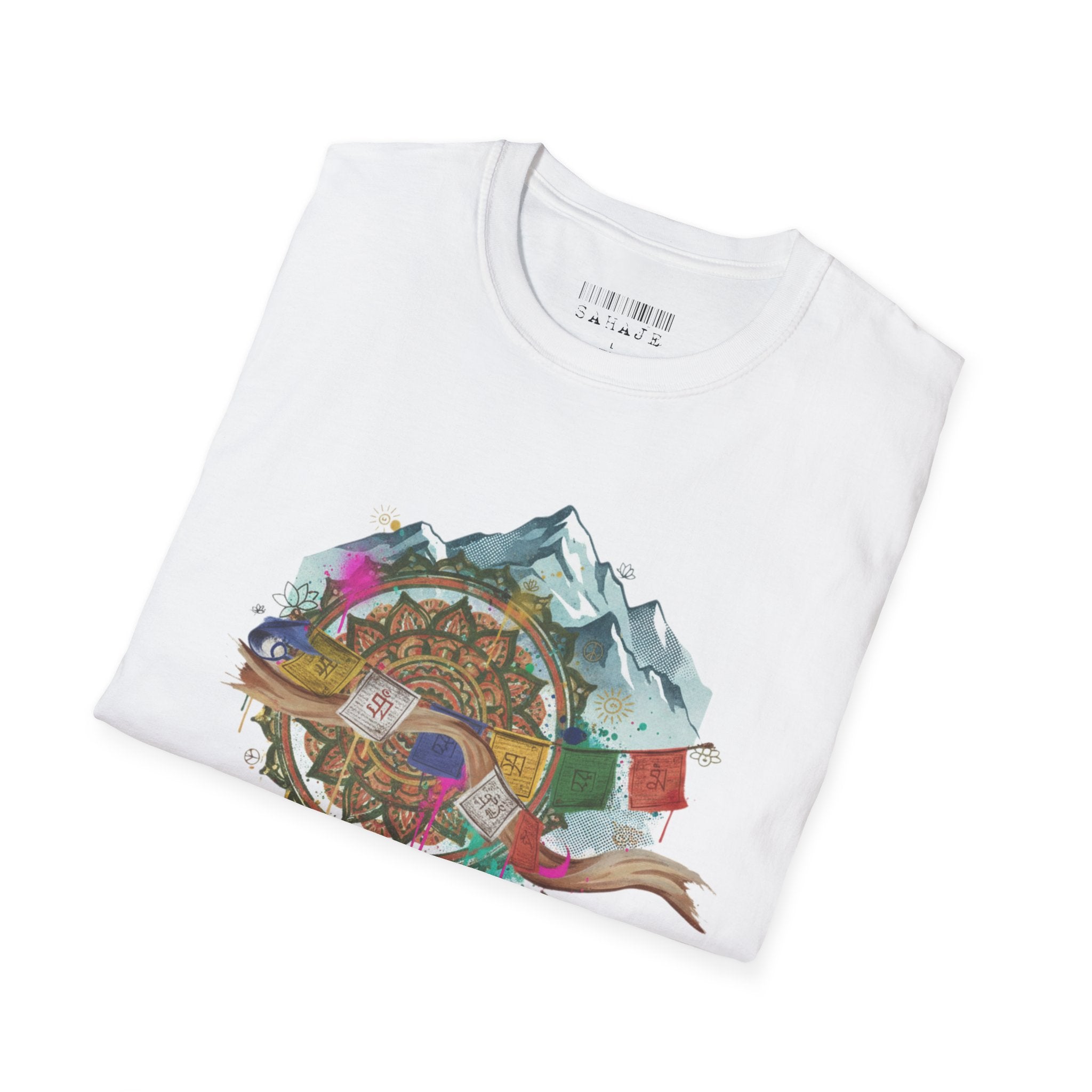 Adventure Compass T-Shirt — Mountain Compass with Prayer Flags & Colorful Globe