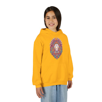 Youth Hoodie with Colorful Sugar Skull Goddess Design — Day of the Dead Kids Pullover