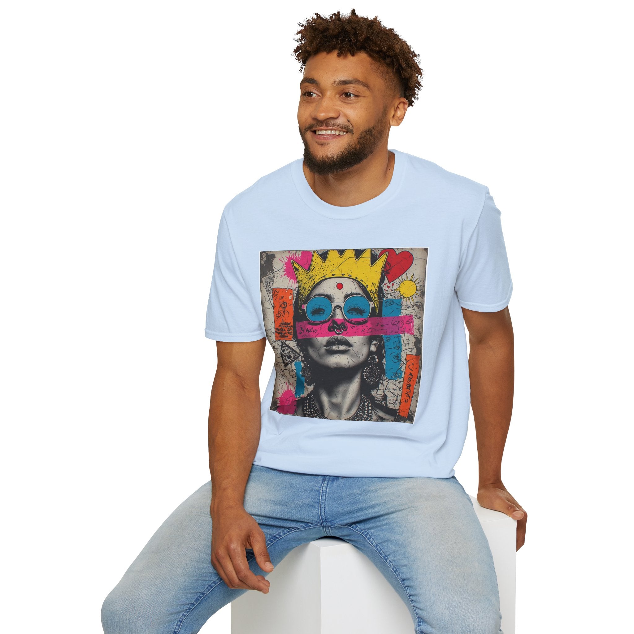 Abstract Pop Art Portrait T-Shirt — Neon Crown & Sunglasses Graphic