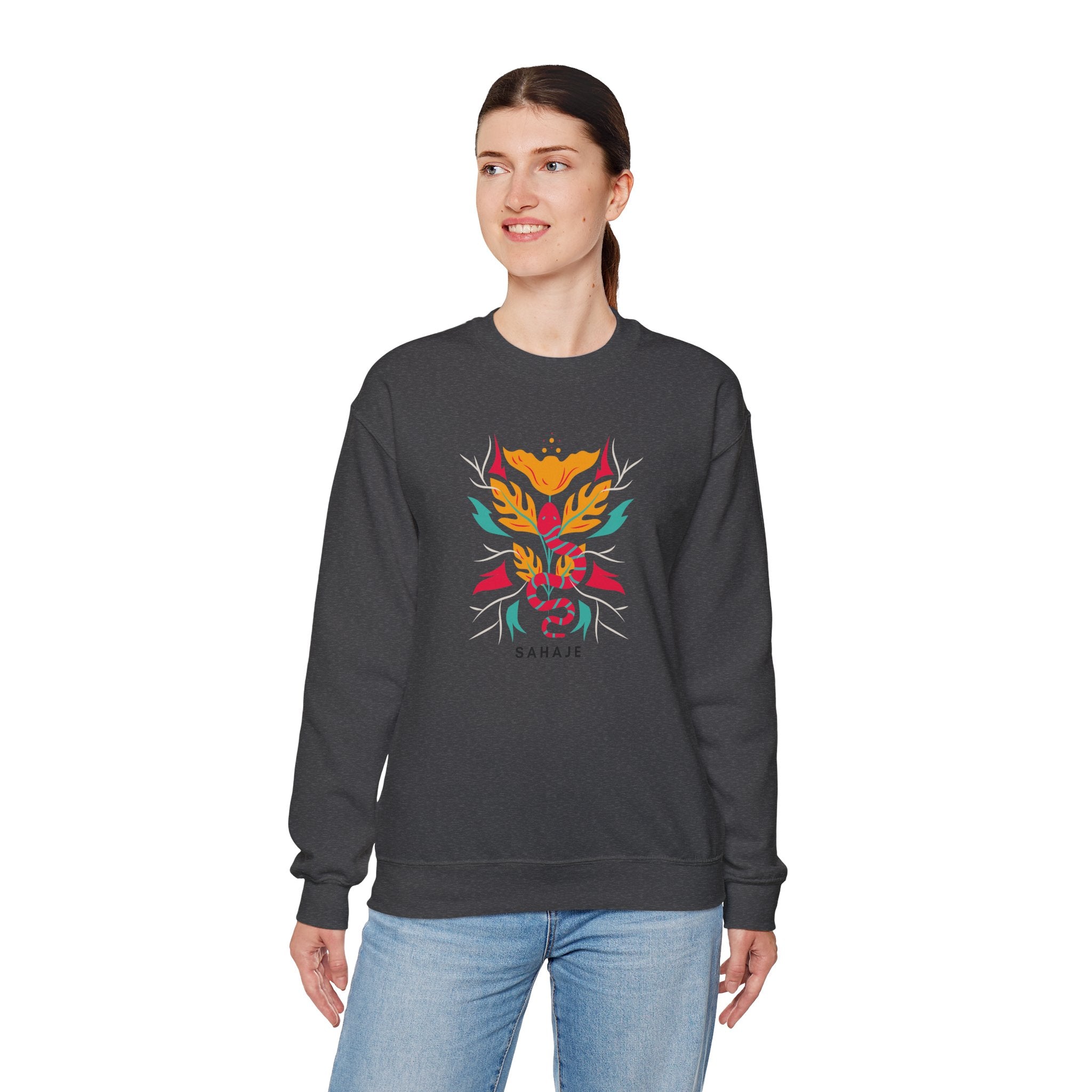 Sahajé Floral Snake Crewneck Sweatshirt — Colorful Botanical Serpent Graphic
