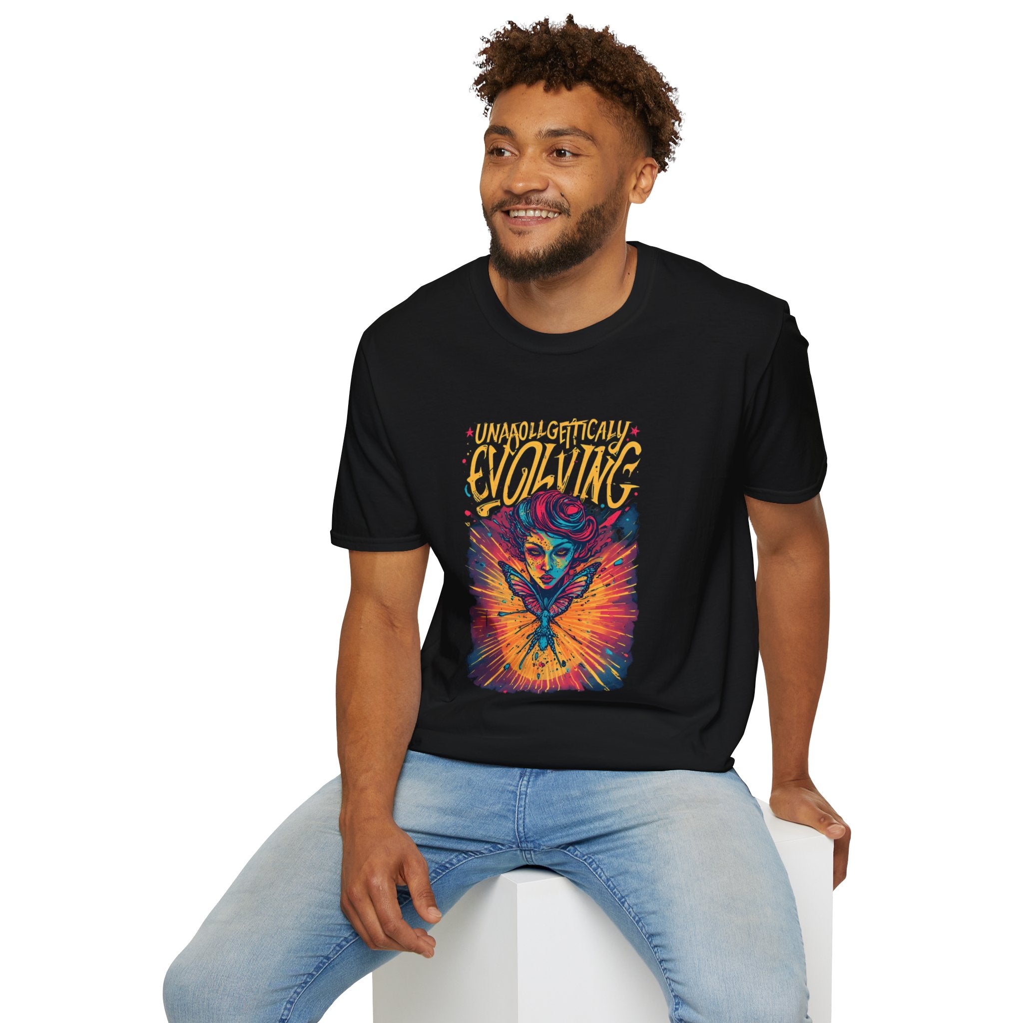 Evolving Butterfly Graphic T-Shirt — "Unapologetically Evolving" Vibrant Psychedelic Tee