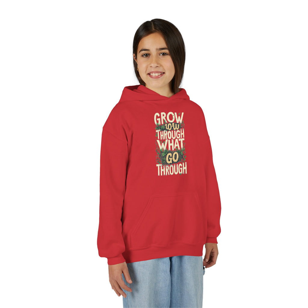 Youth Hoodie — 'Grow Slow, Go Through' Floral Motivational Hooded Sweatshirt