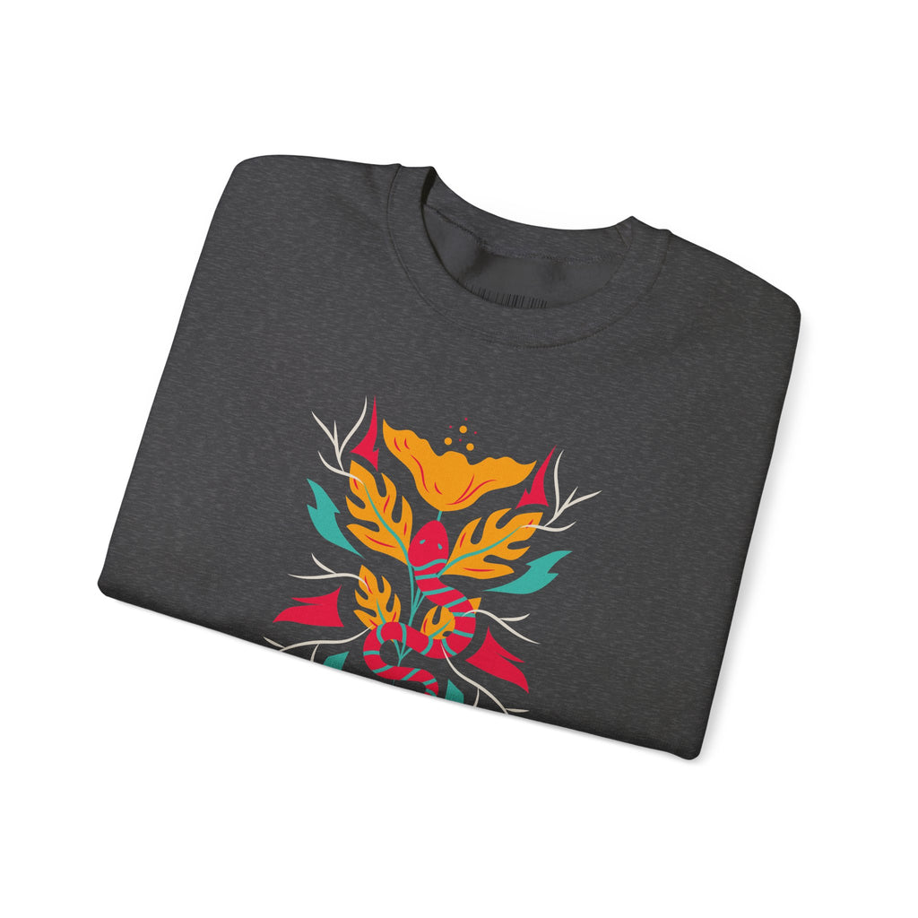 Sahajé Floral Snake Crewneck Sweatshirt — Colorful Botanical Serpent Graphic
