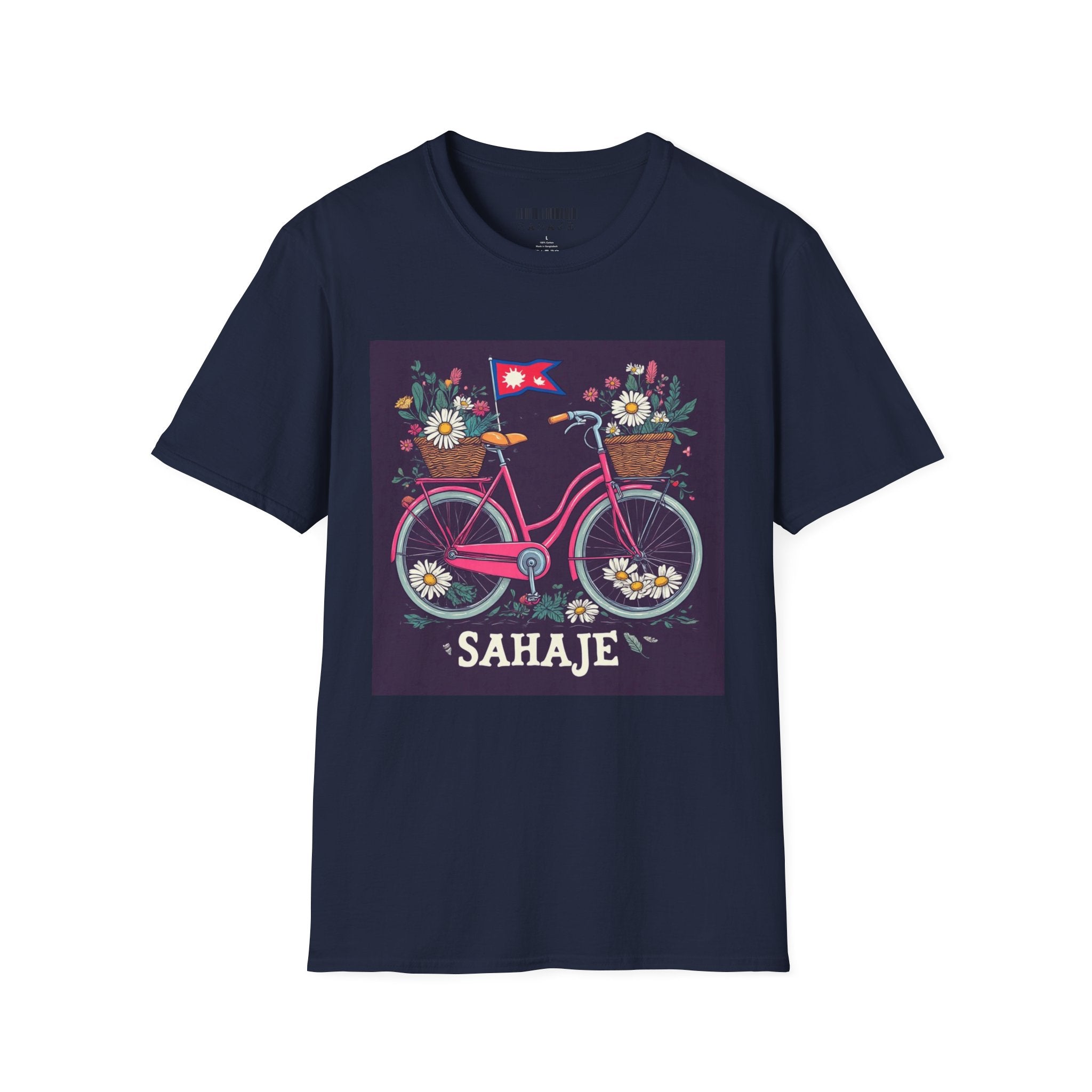 Bicycle Floral T-Shirt – Pink Bike with Baskets & "Sahaje" Text