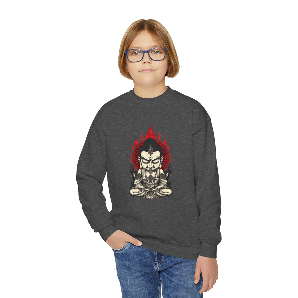 Flaming Meditating Buddha Youth Crewneck Sweatshirt — Zen Graphic Sweater for Kids