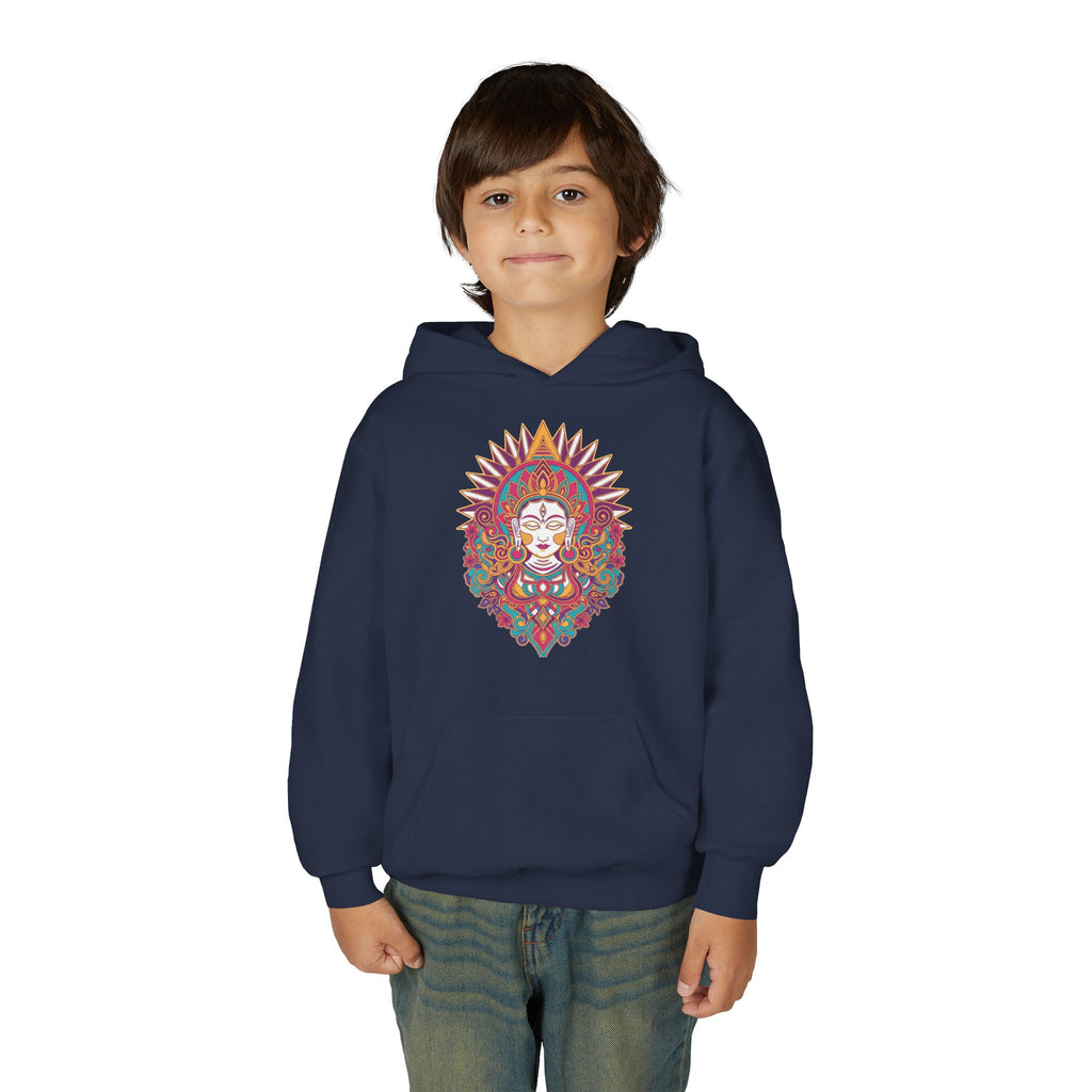 Youth Hoodie with Colorful Sugar Skull Goddess Design — Day of the Dead Kids Pullover