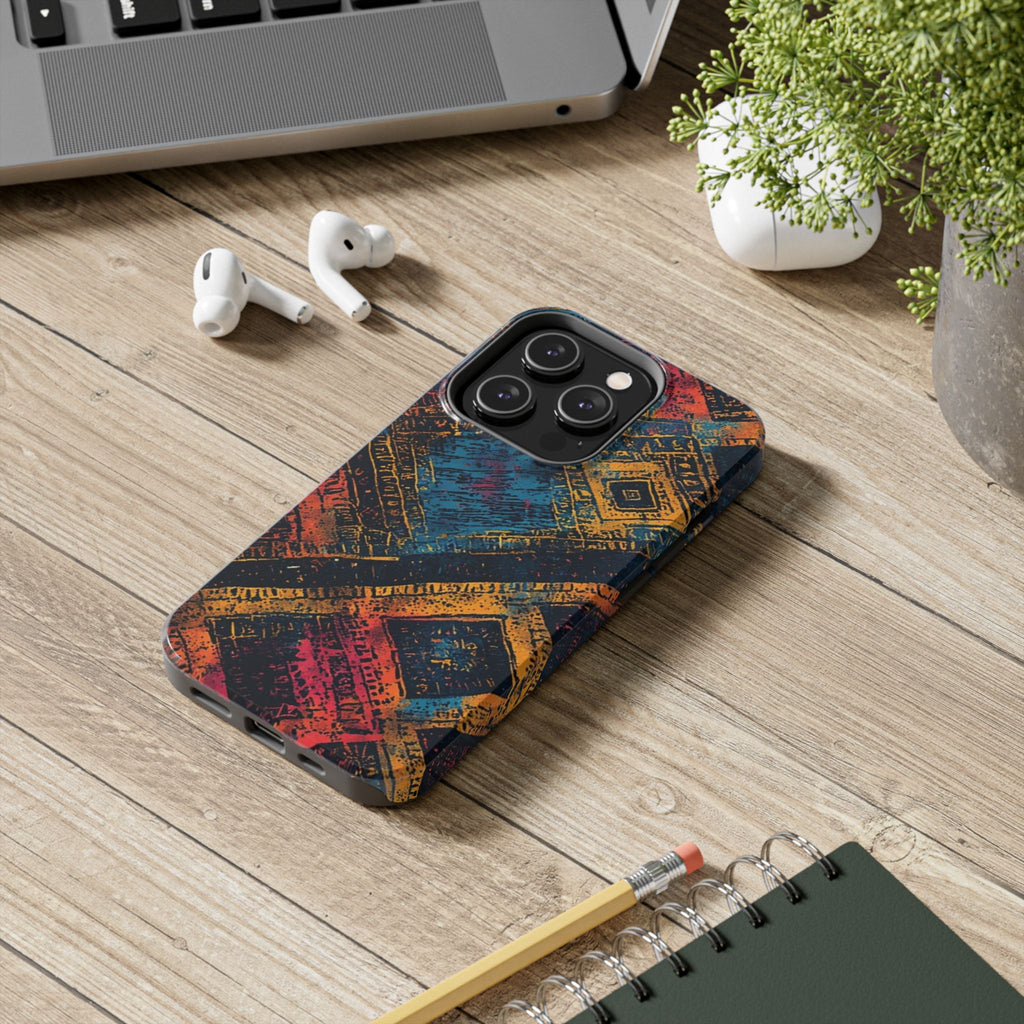 Tough Phone Case – Abstract Rustic Geometric Design (Blue, Orange, Magenta)