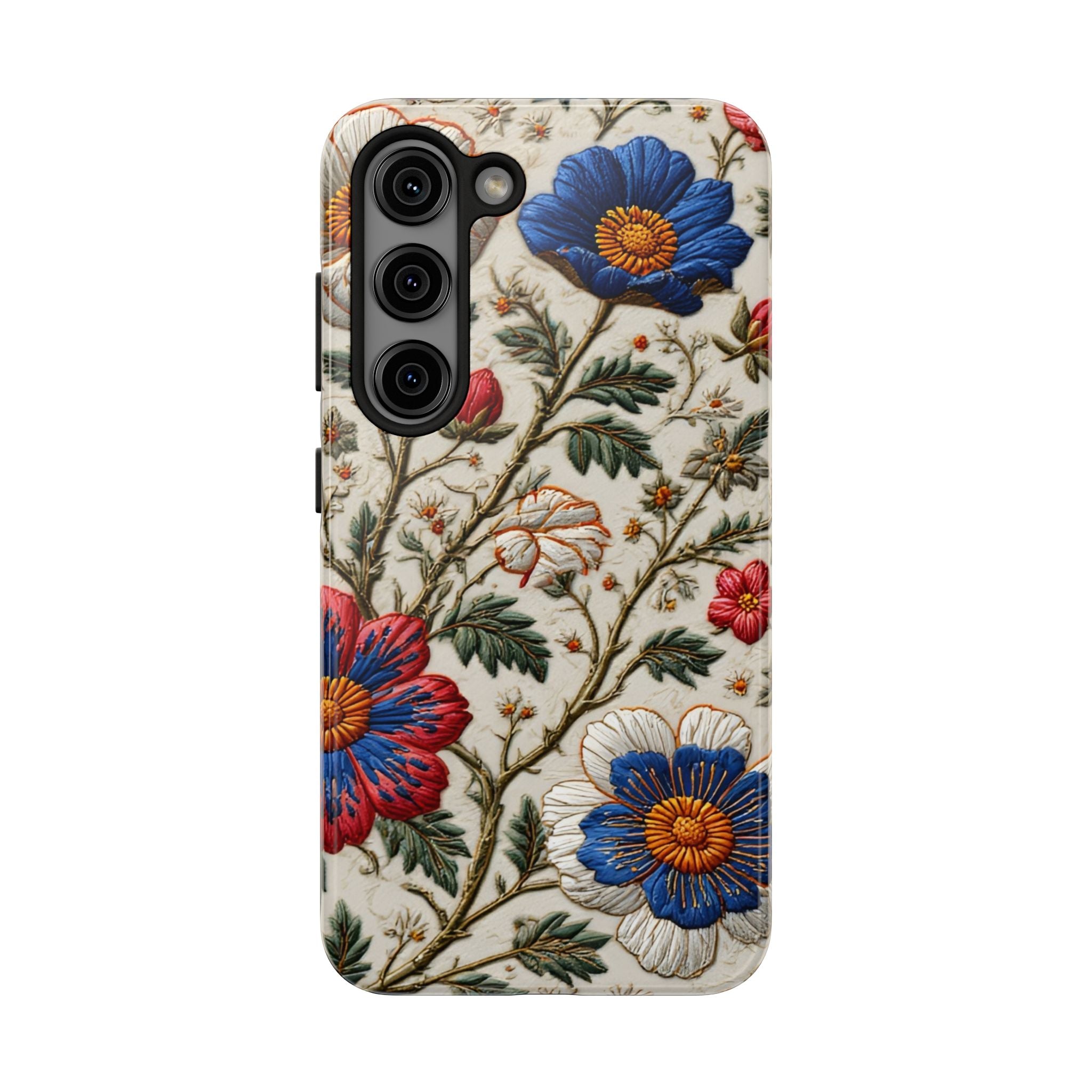 Floral Embroidery Tough Phone Case — Vintage Blue & Red Garden Design
