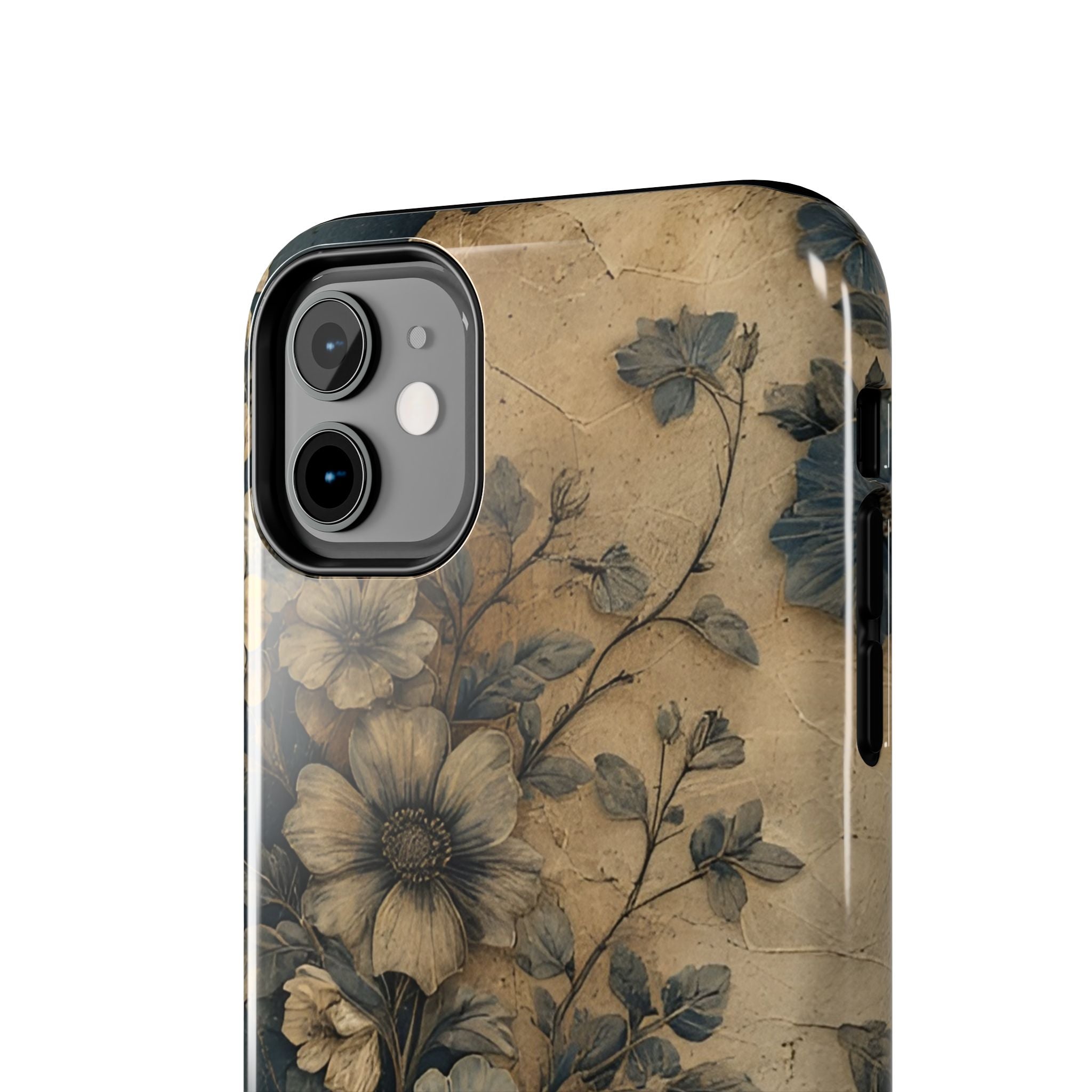 Vintage Floral Tough Phone Case — Antique Beige & Navy Protective Cover