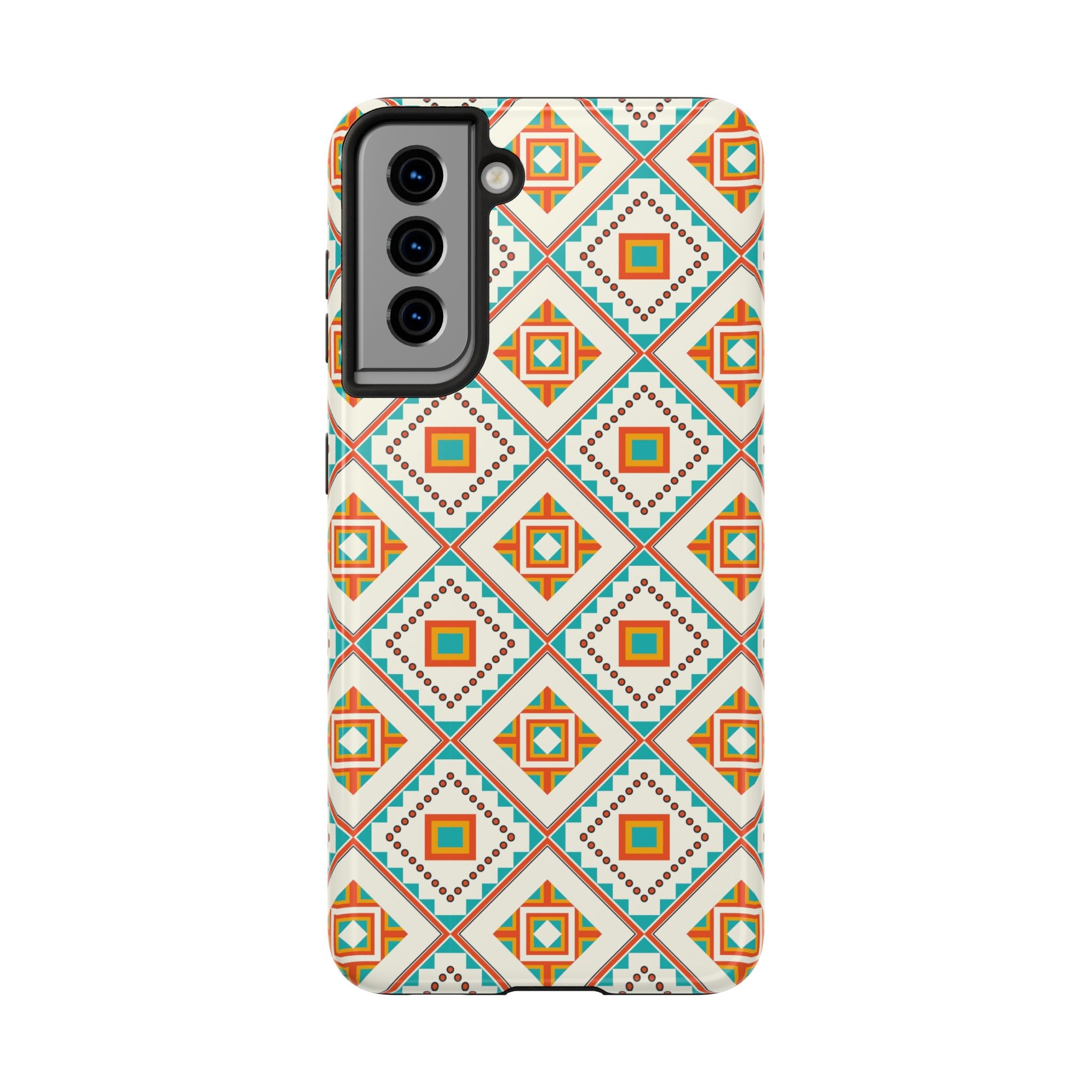 Tough Phone Case — Geometric Retro Tile Pattern, Orange & Teal Protective Cover