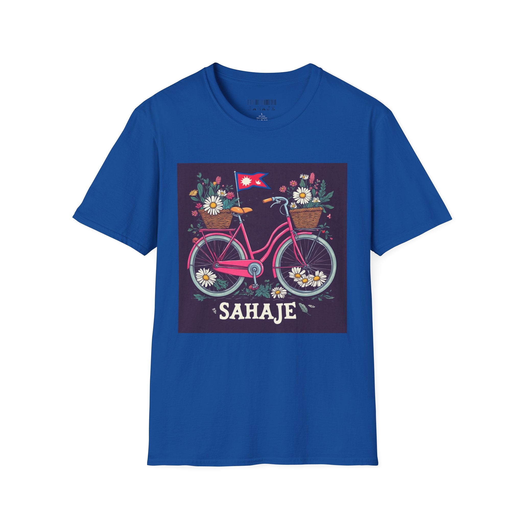 Bicycle Floral T-Shirt – Pink Bike with Baskets & "Sahaje" Text
