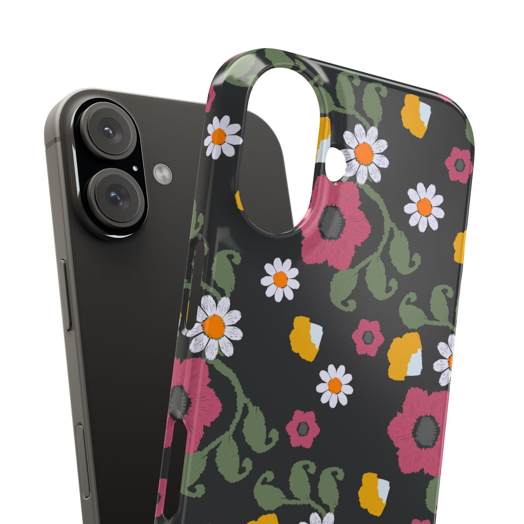 Floral Slim Phone Case, Black Flower Phone Cover, Stylish Phone Accessory, Gift for Her, Trendy Floral Case