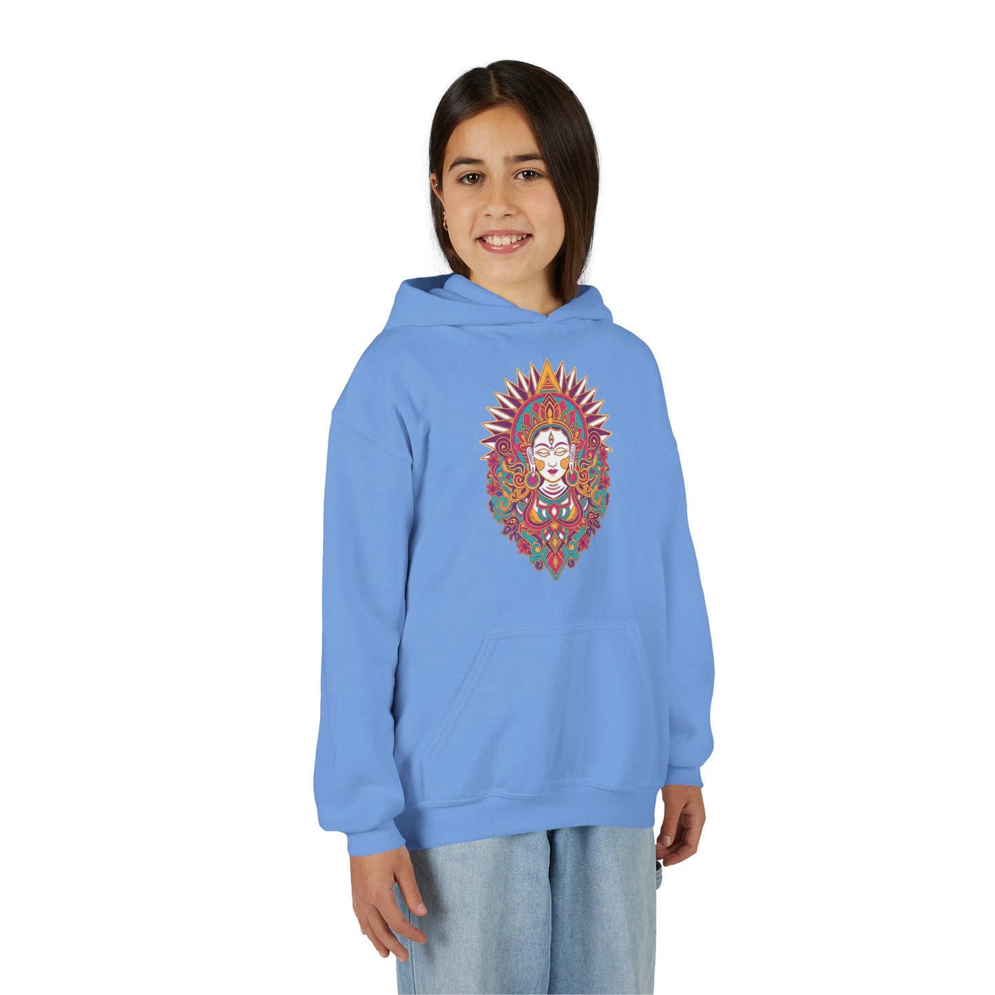 Youth Hoodie with Colorful Sugar Skull Goddess Design — Day of the Dead Kids Pullover