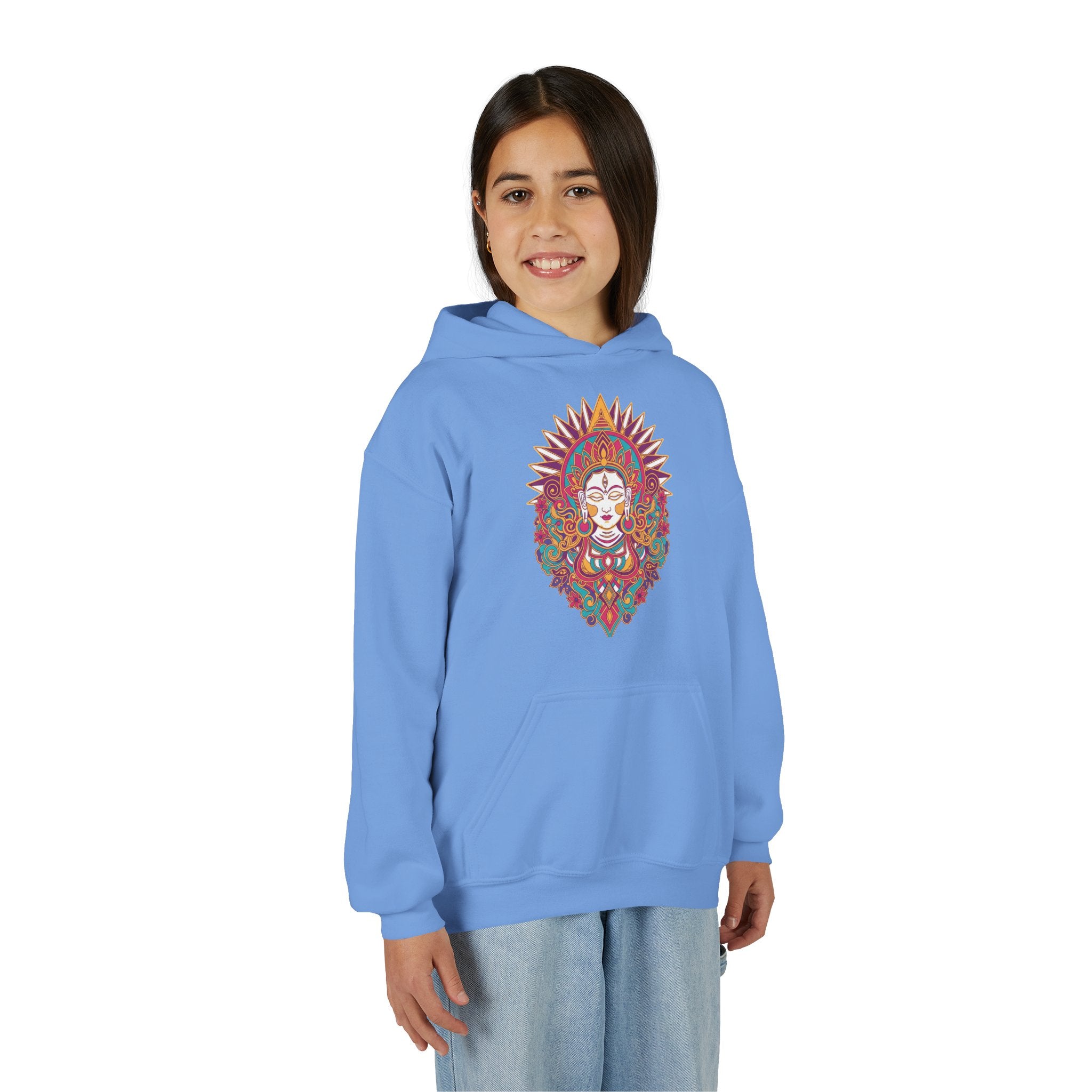 Youth Hoodie with Colorful Sugar Skull Goddess Design — Day of the Dead Kids Pullover