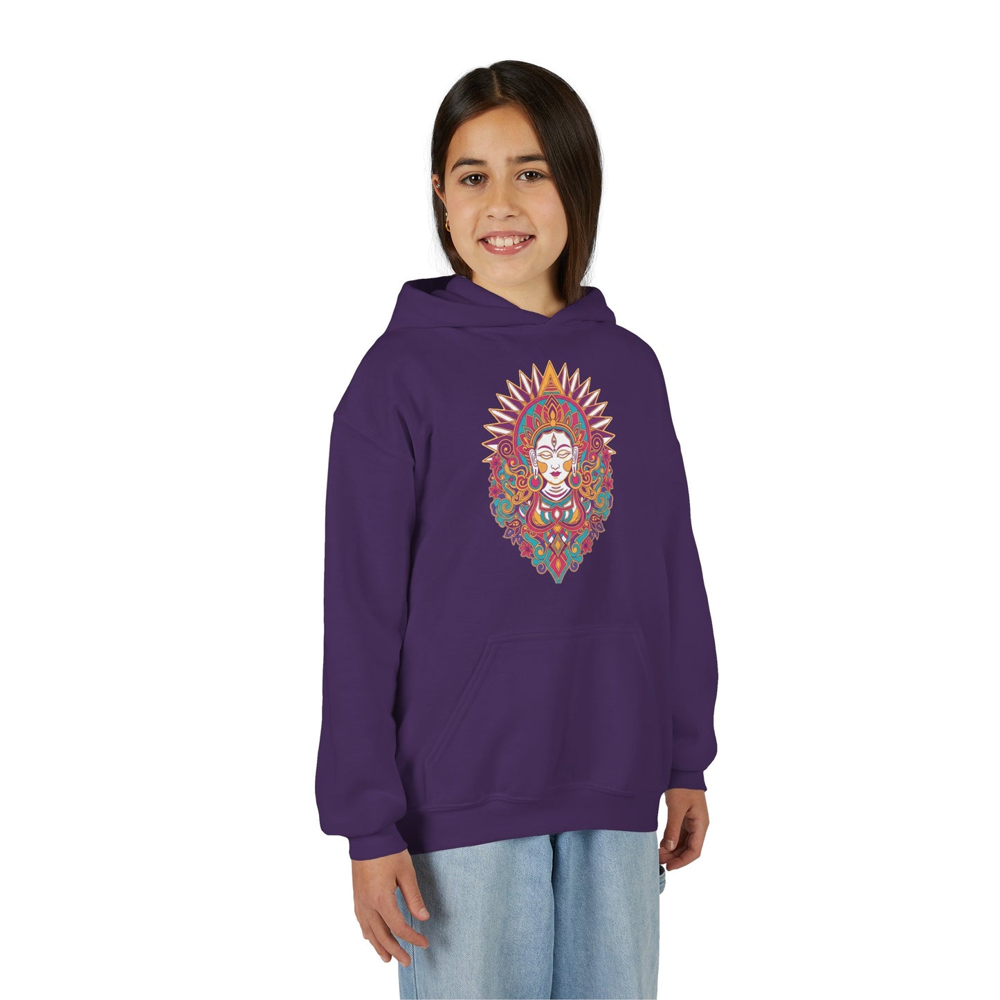 Youth Hoodie with Colorful Sugar Skull Goddess Design — Day of the Dead Kids Pullover
