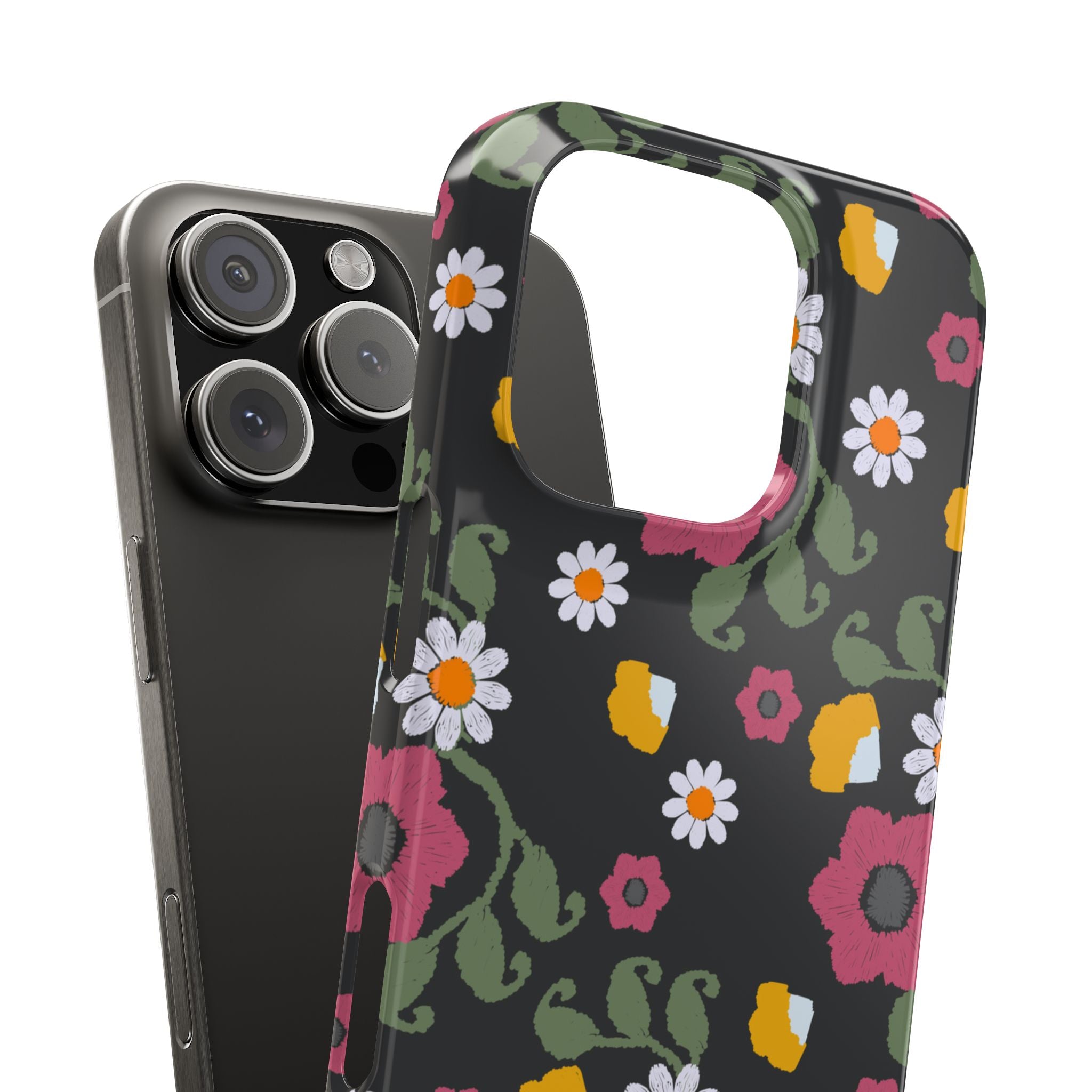 Floral Slim Phone Case, Black Flower Phone Cover, Stylish Phone Accessory, Gift for Her, Trendy Floral Case