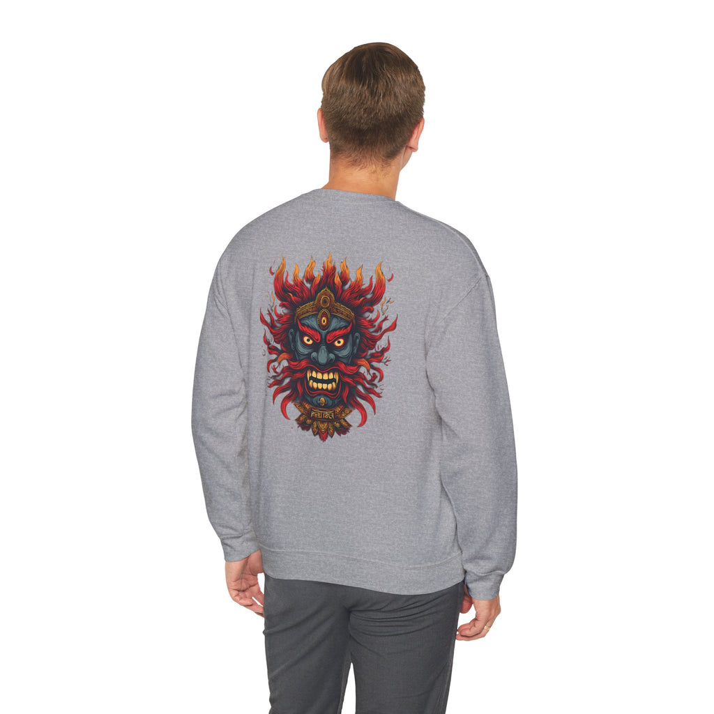 Crewneck Sweatshirt — Fiery Demon Mask Back Graphic