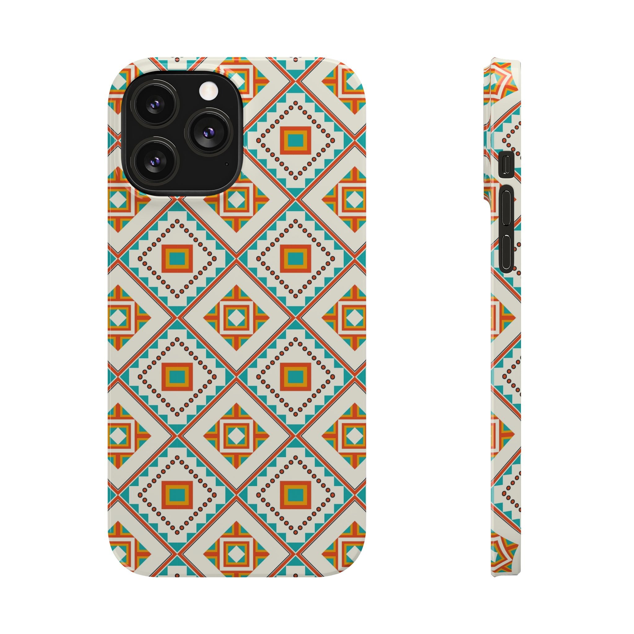 Slim Phone Case — Retro Geometric Tile Pattern (Turquoise & Orange)